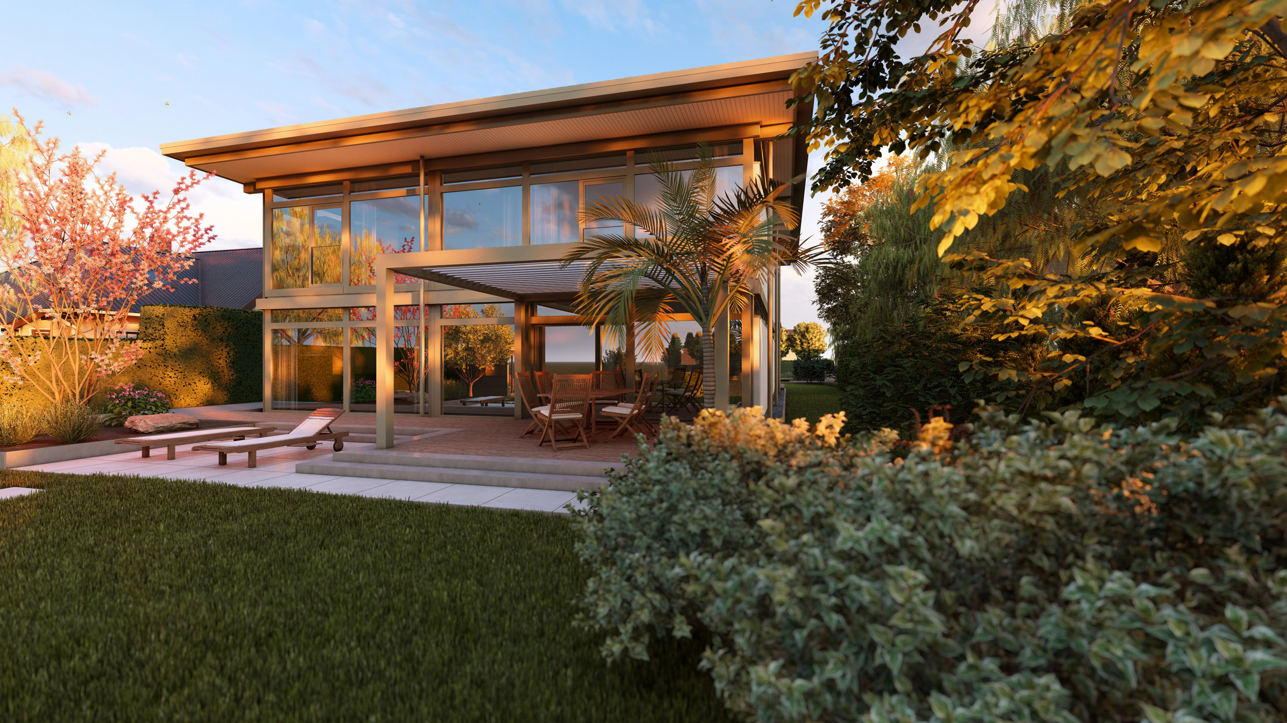 Moderne Architektur eines Traumhauses im Garten Traumhaus-Visualisierung mit großzügigen Glasflächen und Garten