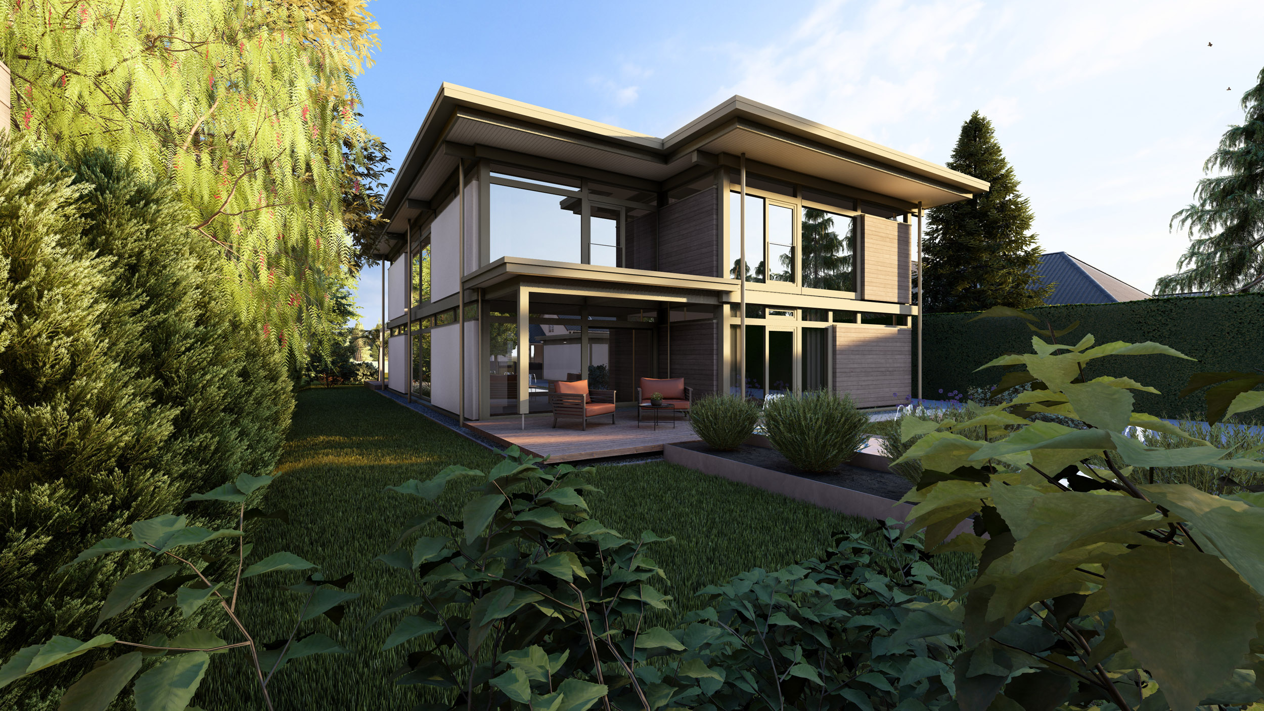 Modernes Architektenhaus in idyllischer Umgebung Visualisierung eines modernen Traumhauses mit Garten