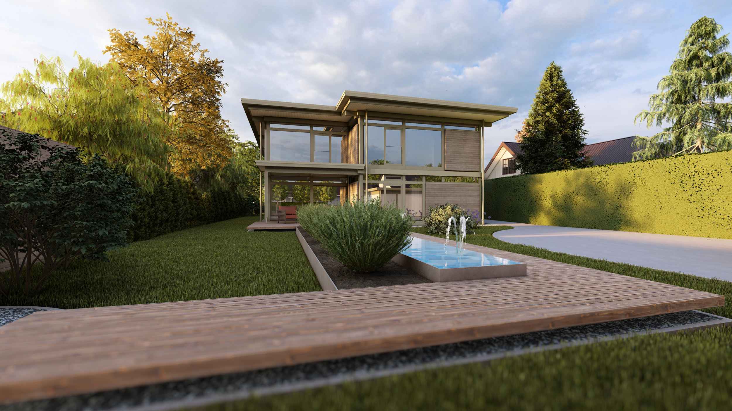 Moderne Architektenhaus Visualisierung mit Garten Traumhaus mit Wasseranlage und grüner Umgebung