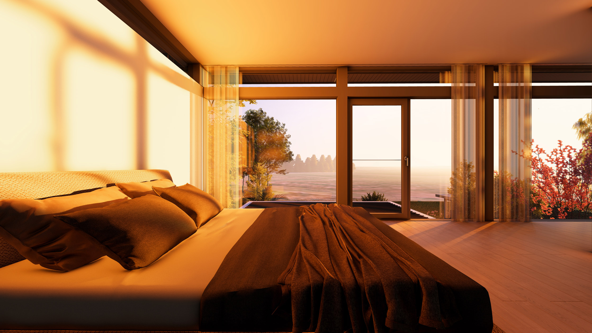 Modernes Schlafzimmer in einem Architektenhaus Ein luxuriöses Schlafzimmer mit Aussicht auf die Natur und viel Licht