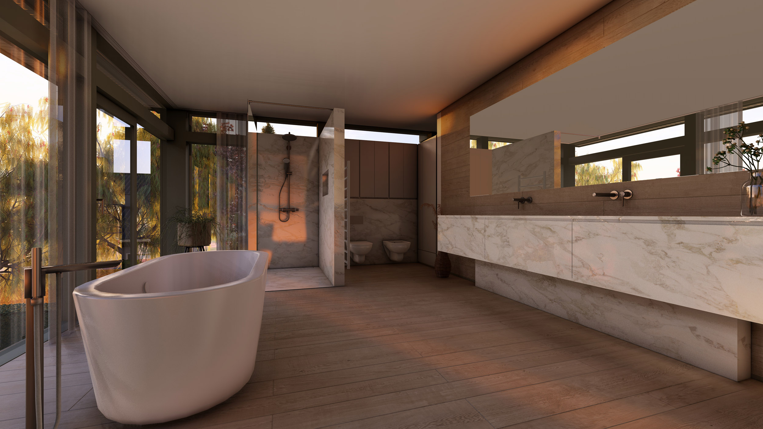 Moderne Badezimmervisualisierung im Architektenhaus Elegantes Badezimmer mit freistehender Badewanne und großzügiger Dusche