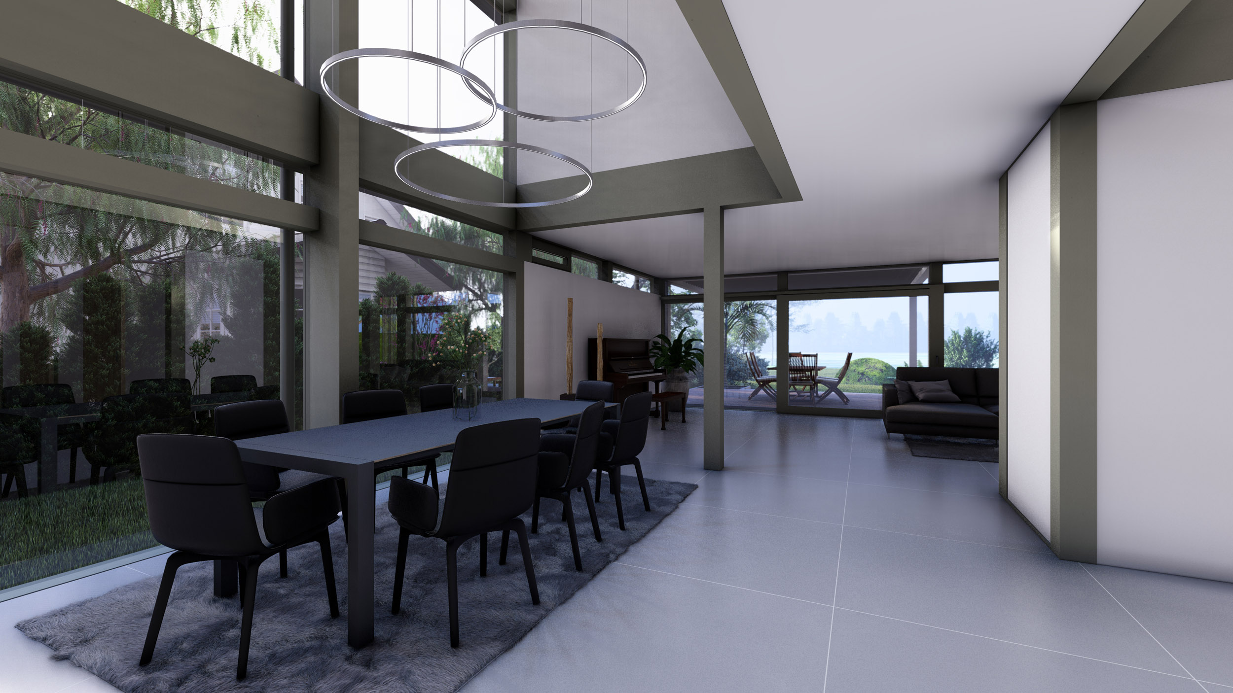 Moderne Architektur eines Traumhauses mit großzügigem Wohnraum Innenansicht eines Architektenhauses mit Essbereich und Gartenblick