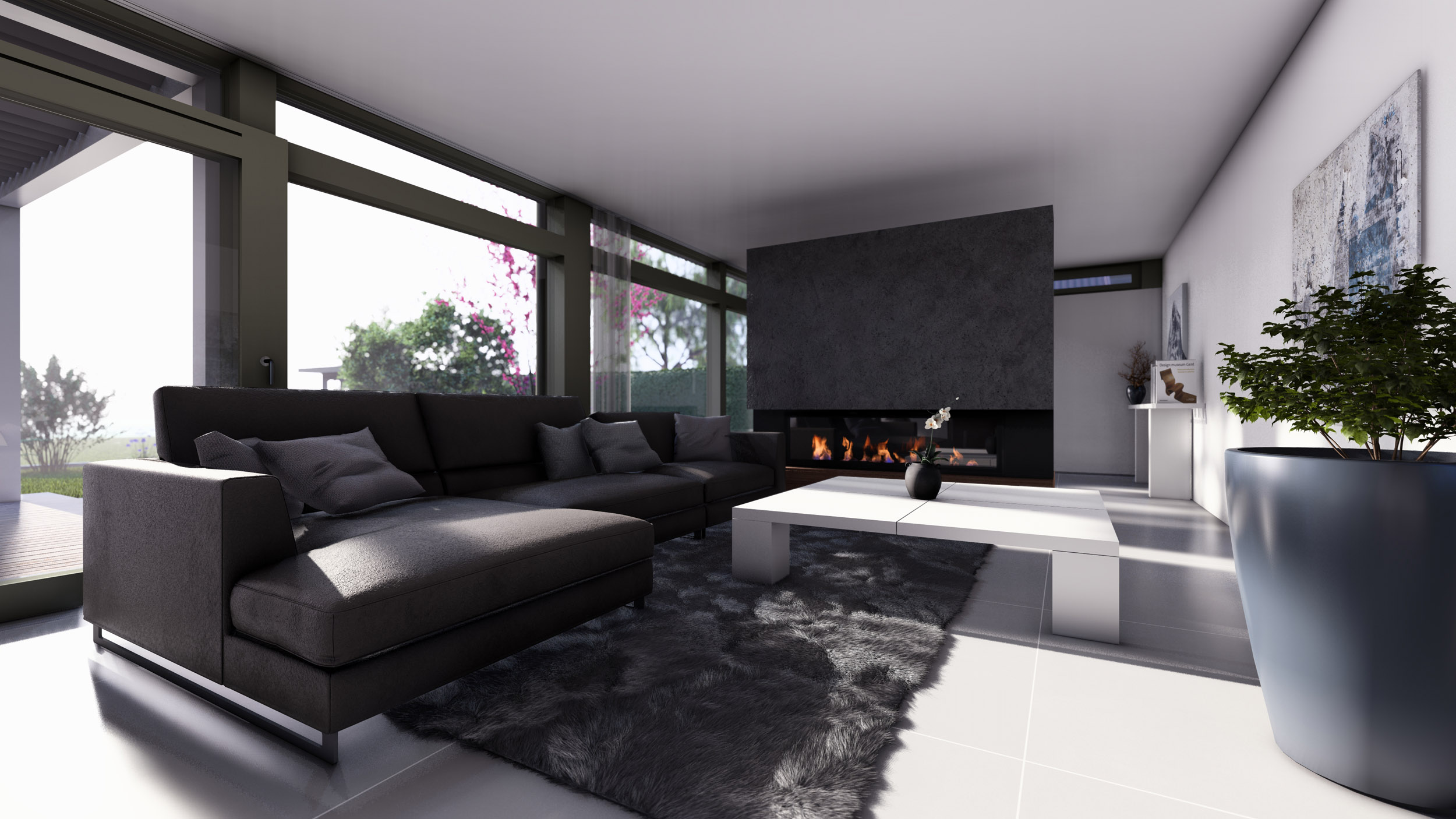 Modernes Architektenhaus Wohnzimmer mit Kamin Helles Wohnzimmer mit großer Fensterfront, Sofa und Kamin