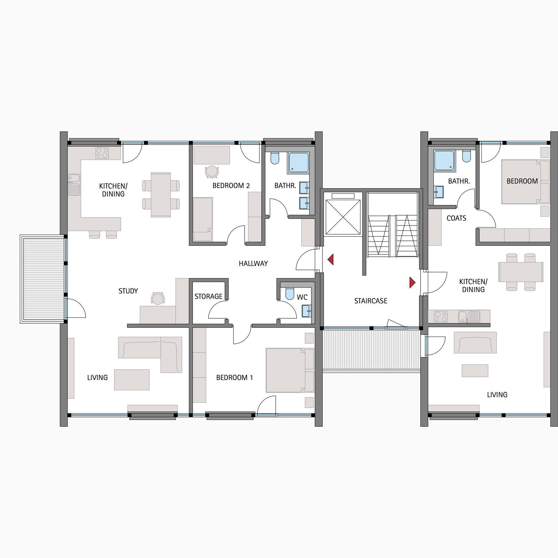 HUF house floor plan ground floor commercial construction Grundriss des HUF Bürogebäudes mit verschiedenen Räumen und Bereichen
