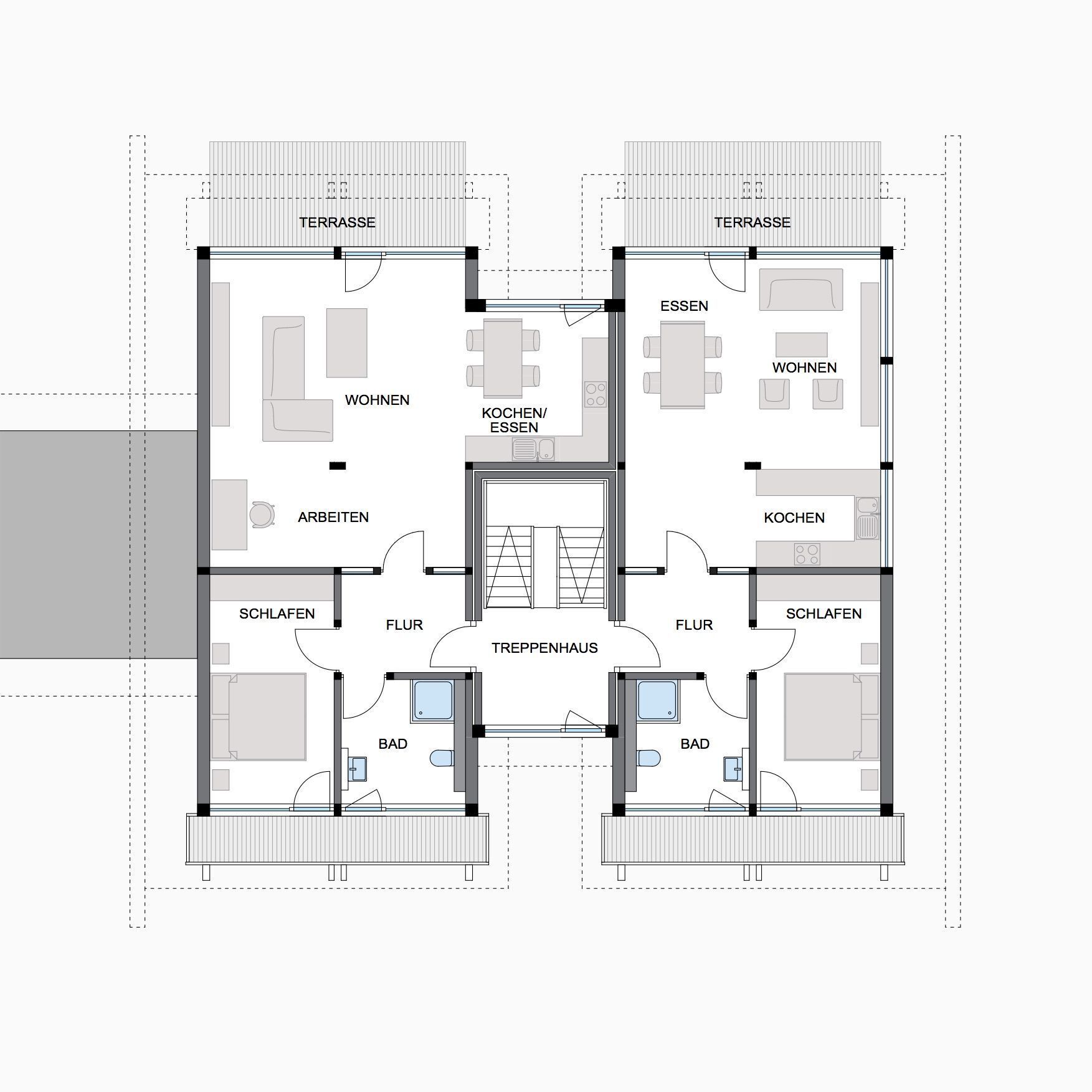HUF Bürogebäude und Architektenhaus Grundriss Grundriss eines modernen Bürogebäudes mit Wohnbereichen und Terrassen