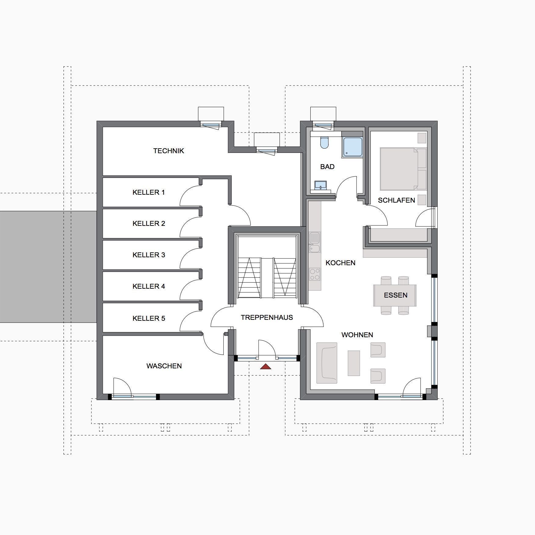 Grundriss des HUF Bürogebäudes und Architektenhauses Detailierter Grundriss mit Kellerräumen und Wohnbereichen