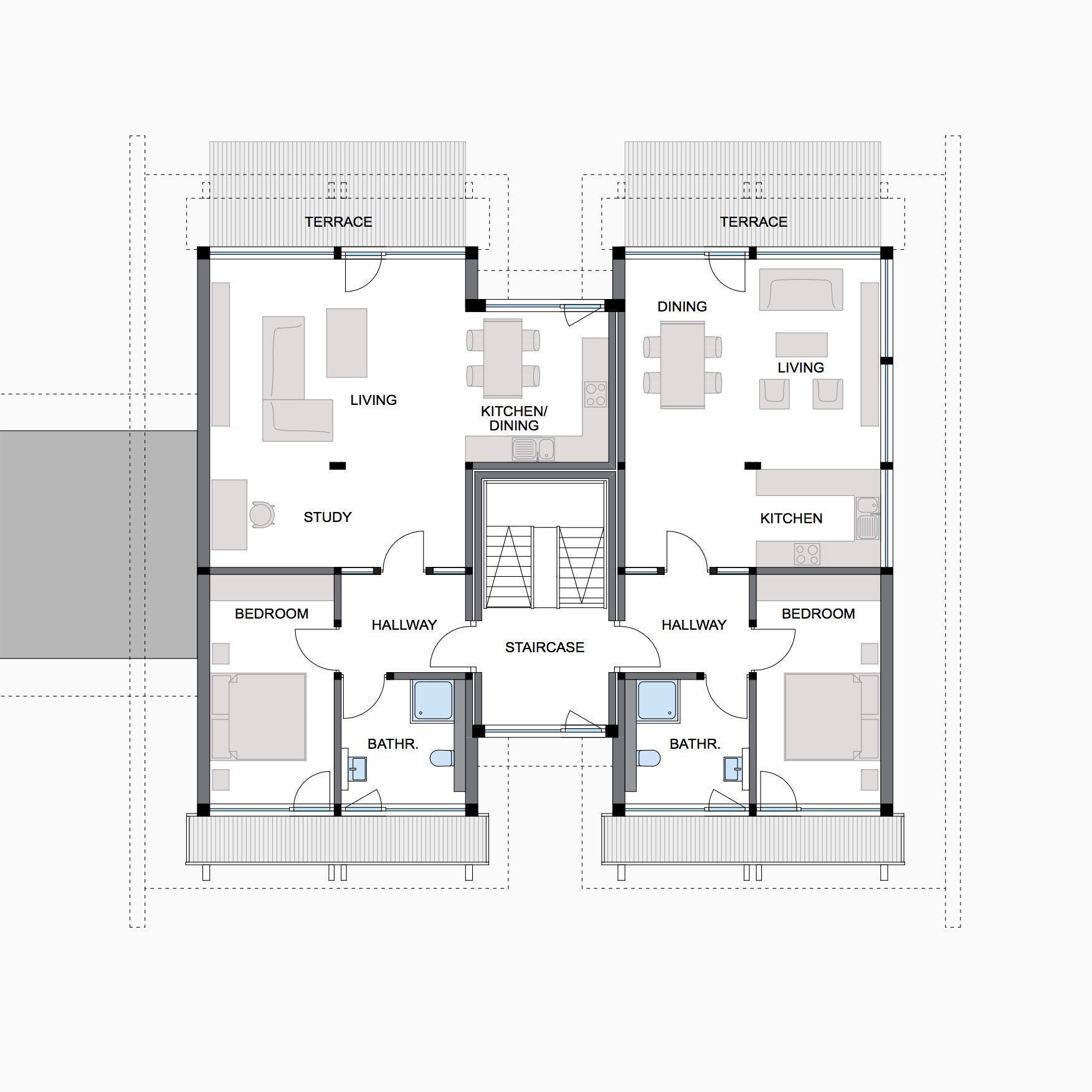 HUF Bürogebäude Grundriss Architektenhaus mit Wohn- und Essbereichen, Terrassen und Badezimmern