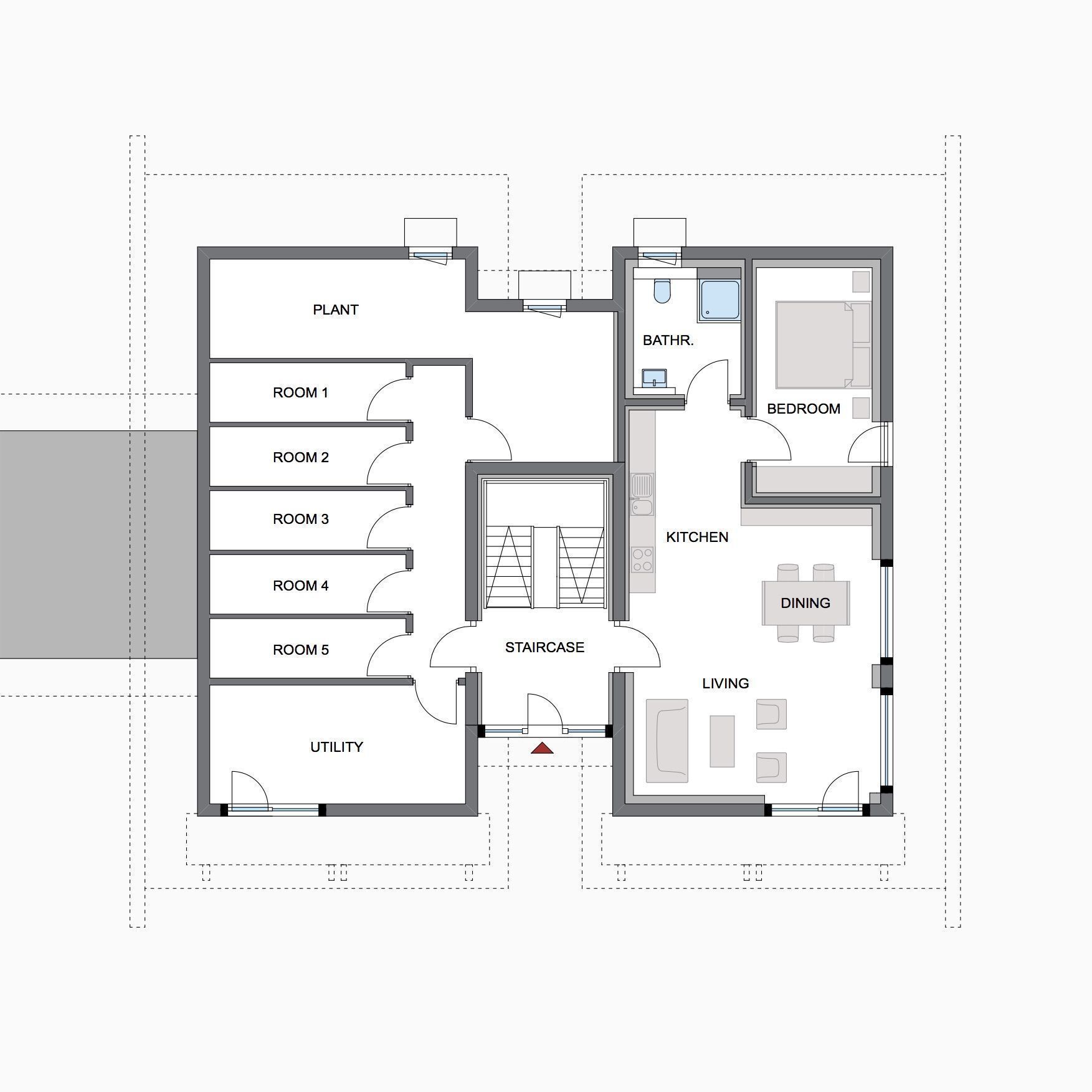 HUF Bürogebäude Grundriss Architektenhaus Grundriss mit Wohnzimmer, Küche und Schlafzimmer