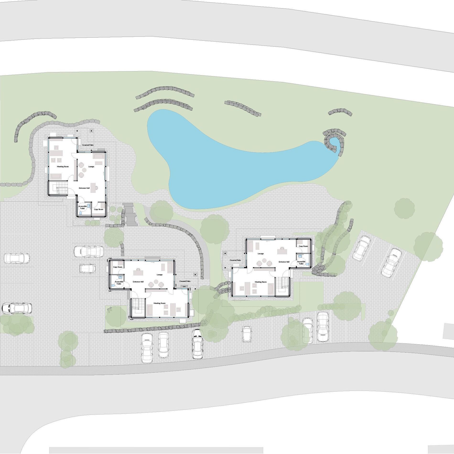 Architektonische Planung eines Bürogebäudes mit See und Parkplätzen