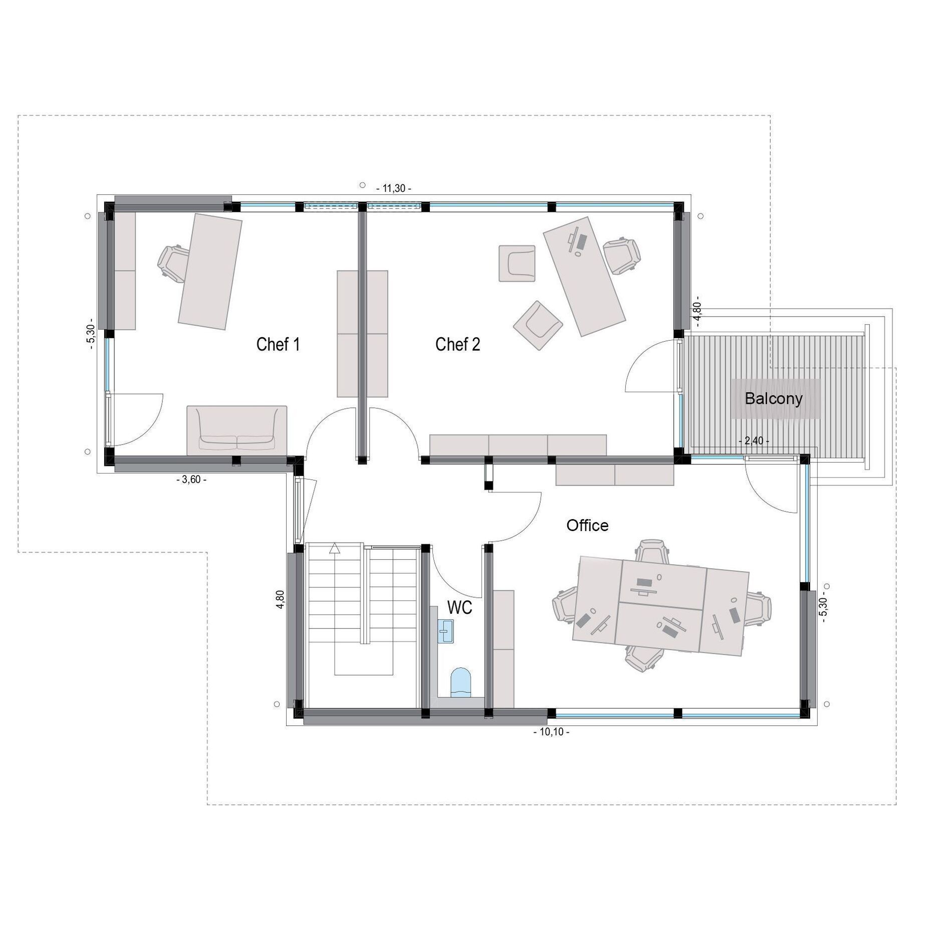 HUF Bürogebäude und Architektenhaus Grundriss Detailierter Grundriss des HUF Bürogebäudes mit Büros und Balkon