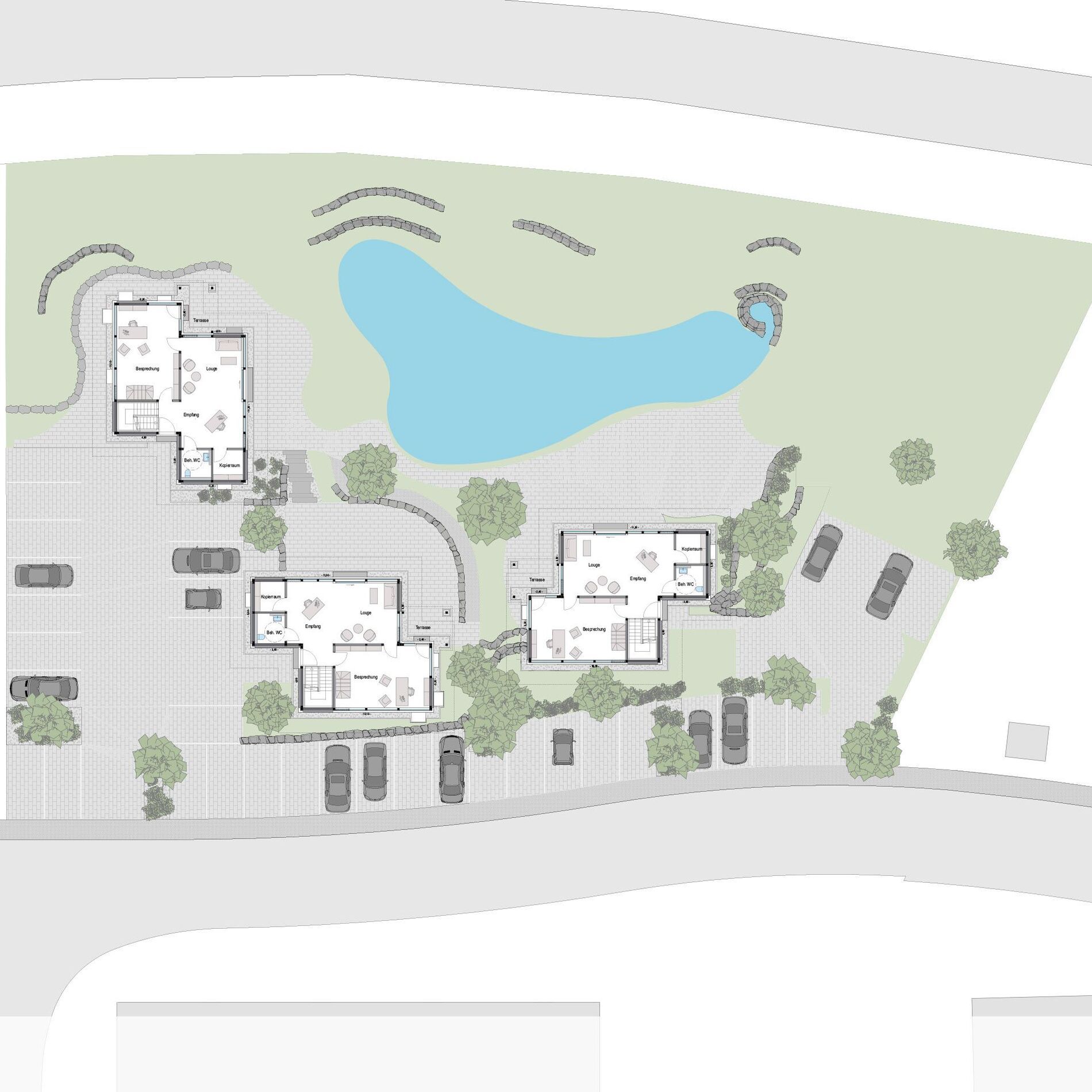 HUF Bürogebäude und Architektenhaus Ansicht des HUF Bürogebäudes mit umgebender Landschaft und Wasserfläche