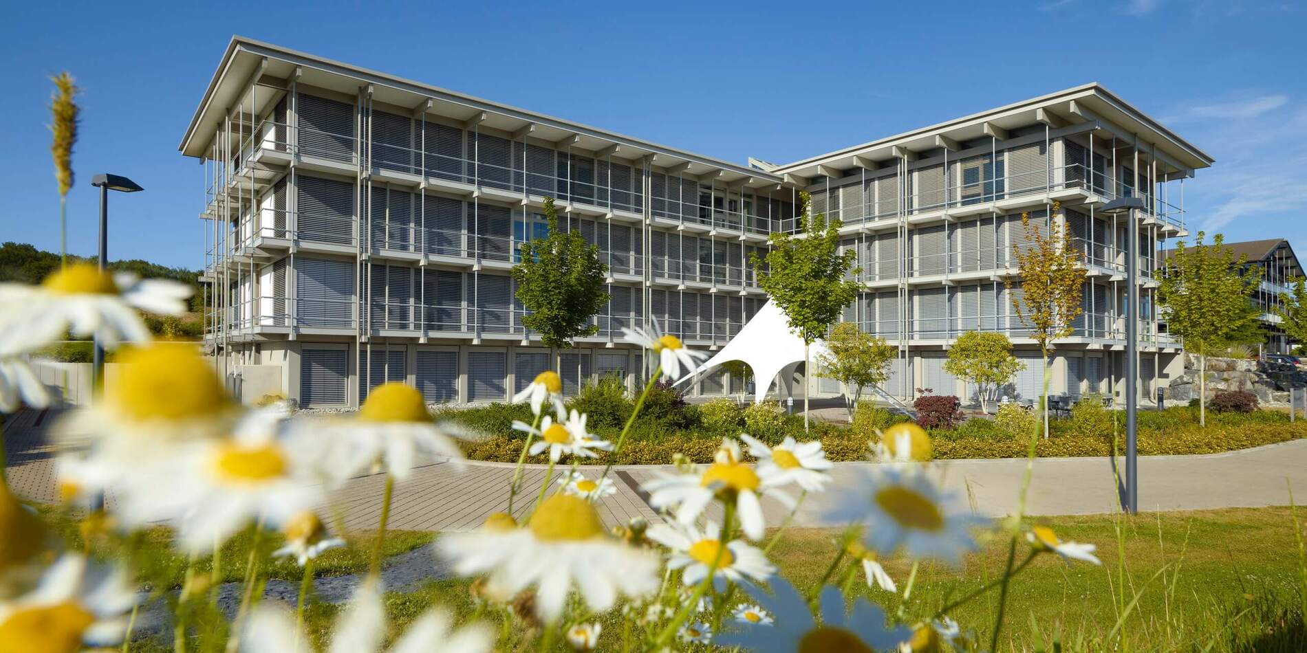 Modernes Bürogebäude HUF mit Blumen im Vordergrund Bürogebäude HUF umgeben von Blumen und blauem Himmel