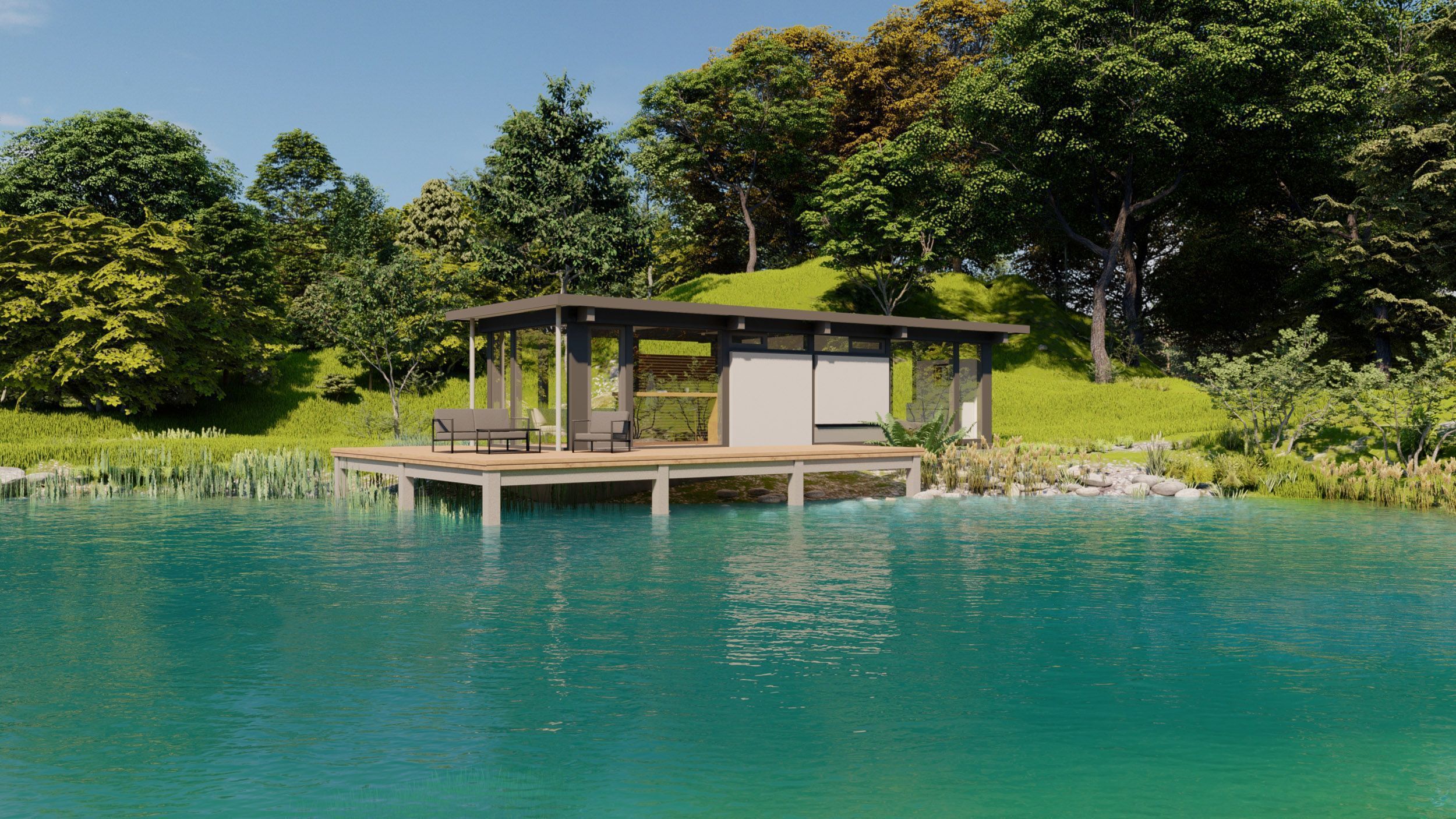Moderne Hütte am Wasser mit Gartenlandschaft Stilvolle Hütte auf einem Steg in ruhiger, grüner Umgebung