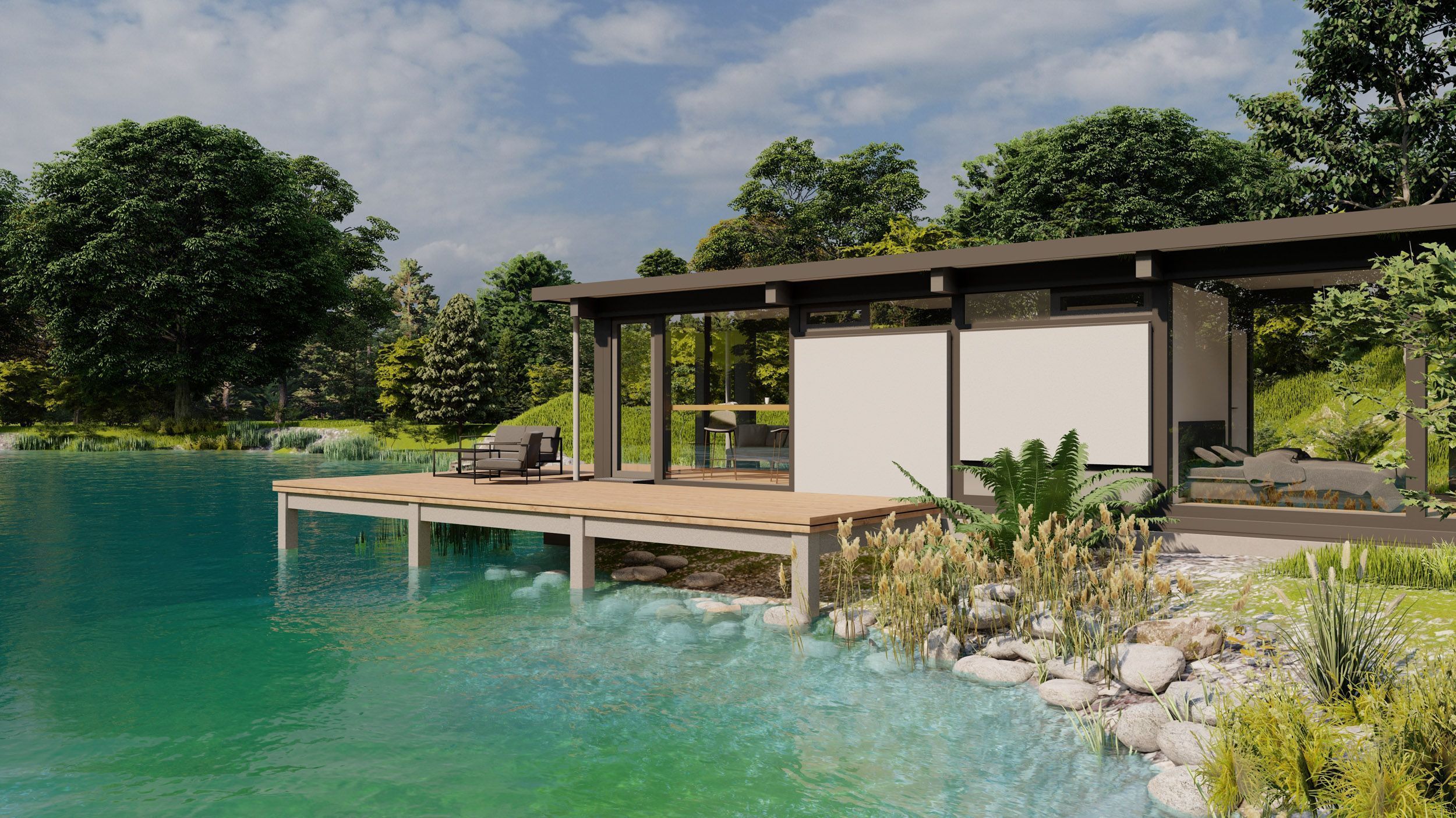 Moderne Architektur am Seeufer Ein stilvolles Haus am Wasser mit schöner Naturumgebung