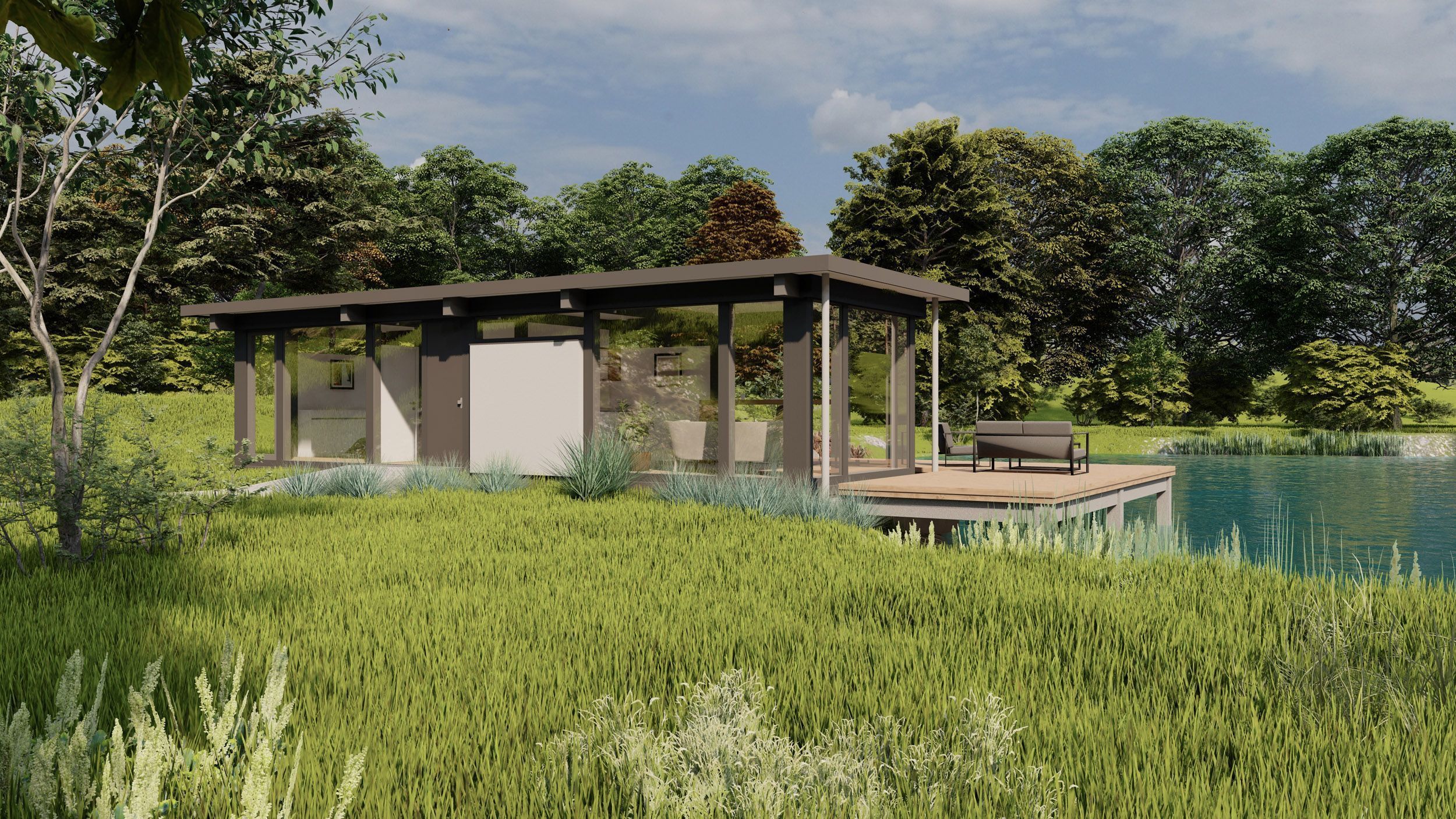 Moderne Gartenhaus am Wasser Ästhetisches Gartenhaus mit Blick auf den Teich und umgeben von Natur
