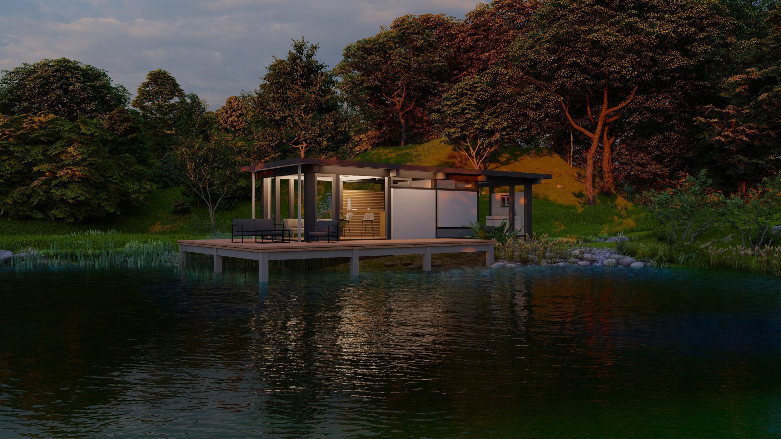 Moderne Holzhütte am Wasser mit schöner Umgebung Idyllische Hütte auf Pfählen in ruhiger Naturlandschaft