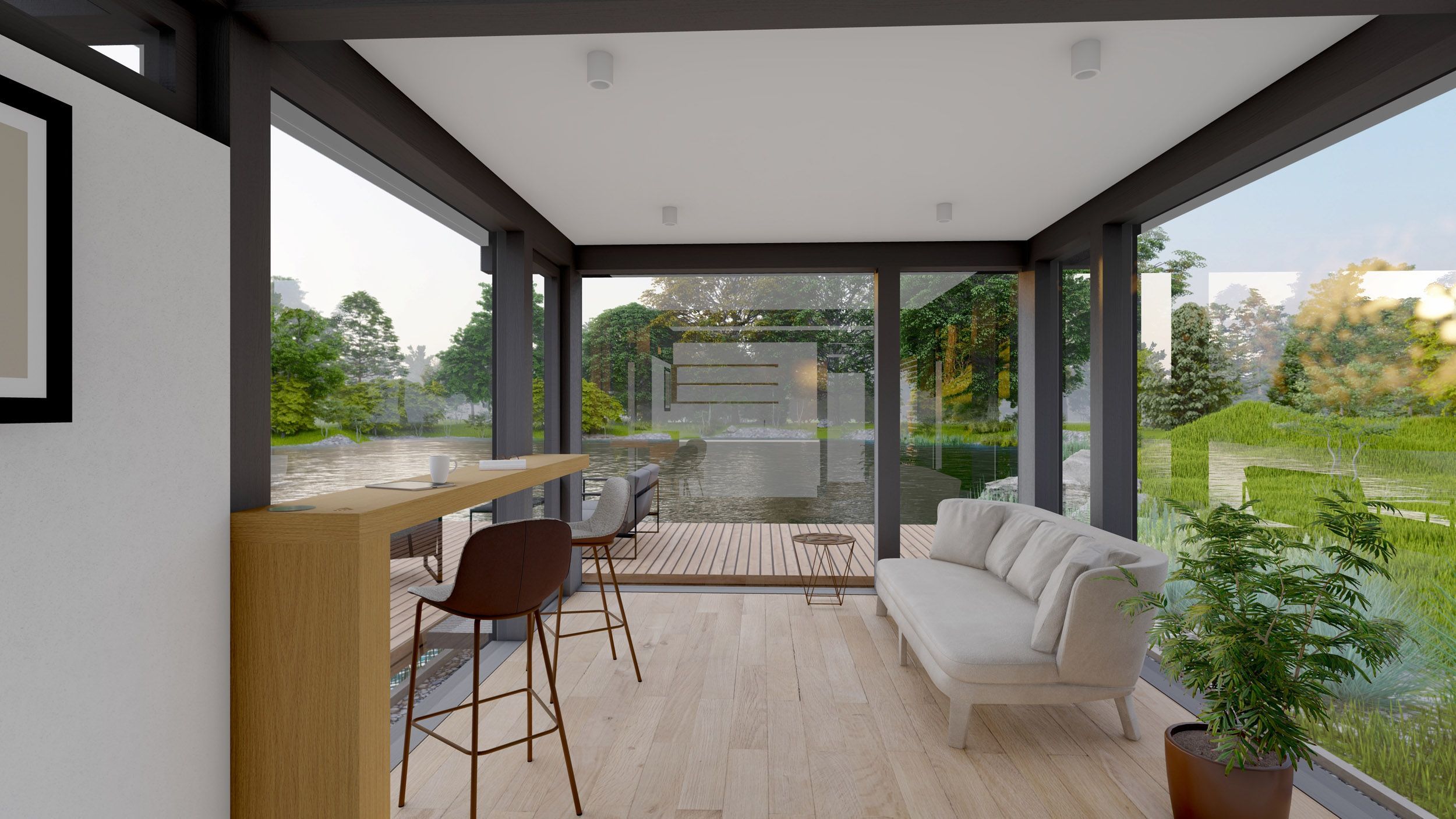 Moderne Innenarchitektur mit viel Tageslicht Geräumiger Wohnbereich mit Blick auf die Natur und zeitgemäßer Einrichtung
