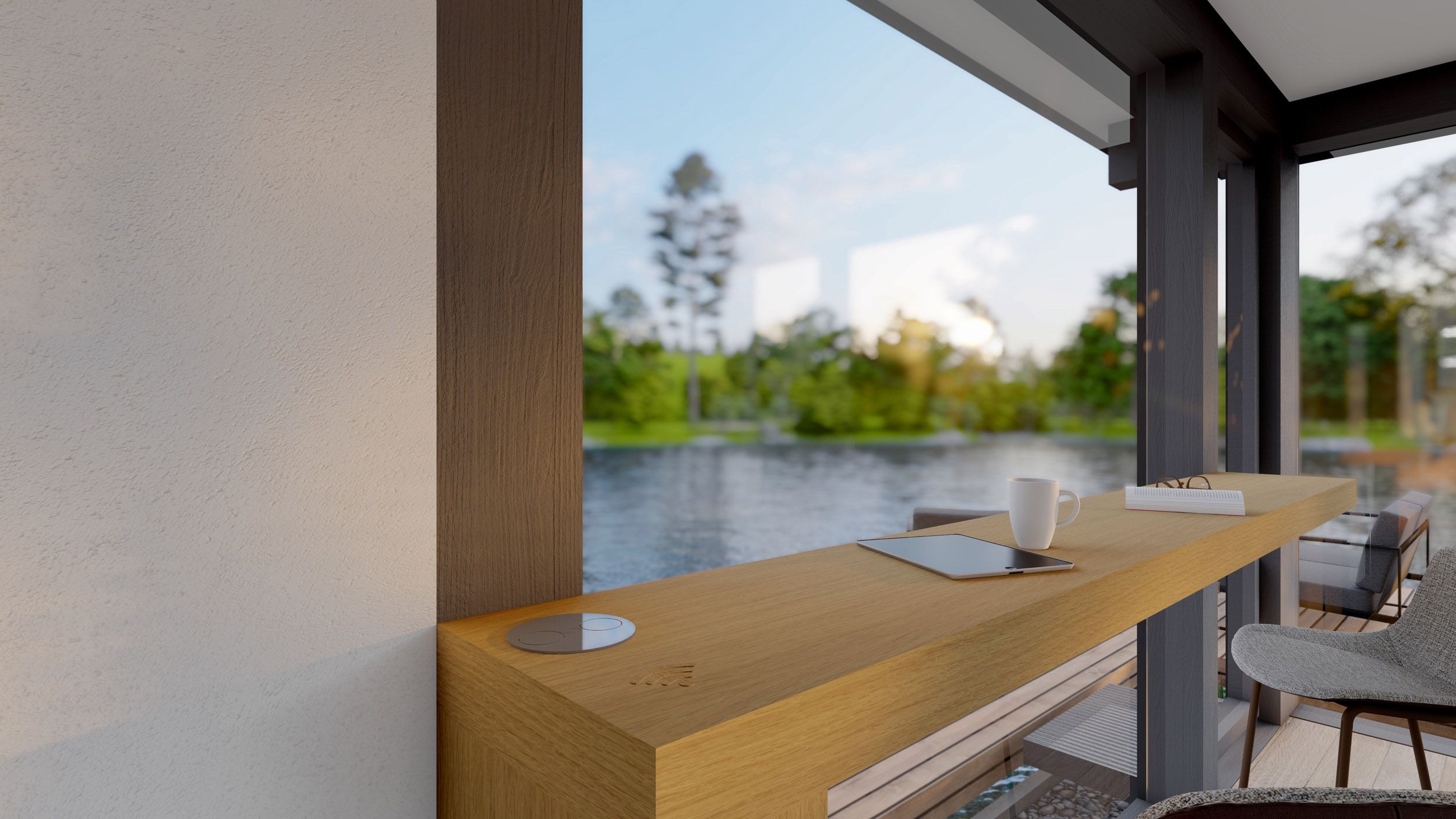 Moderne Architektur mit Aussicht auf Wasser Heller Raum mit Holzbar und Blick auf einen Garten und See