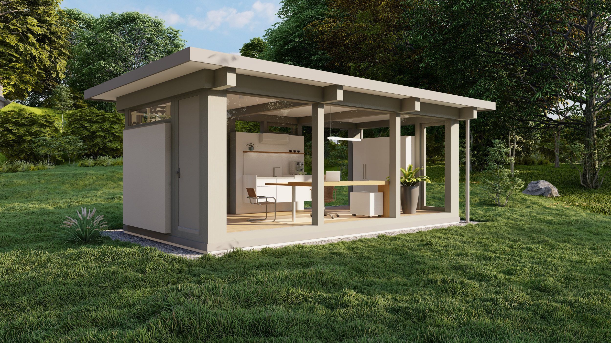 Moderne, helle Gartenhütte mit verglasten Wänden Gartenhütte mit Fensterfront und modernem Interieur in der Natur