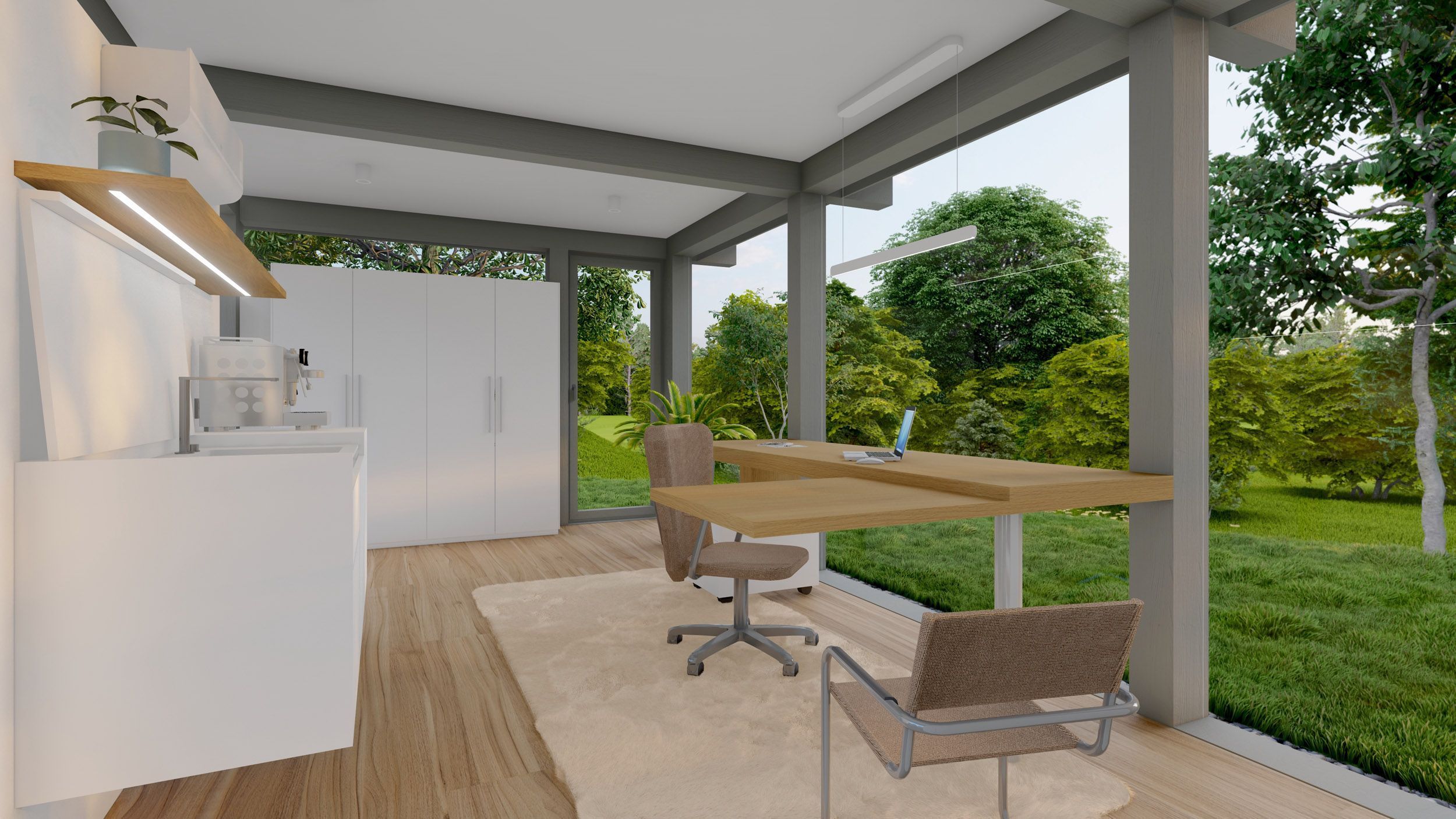 Moderne Büroumgebung mit Gartenblick Helles Home-Office mit modernem Design und natürlichem Licht