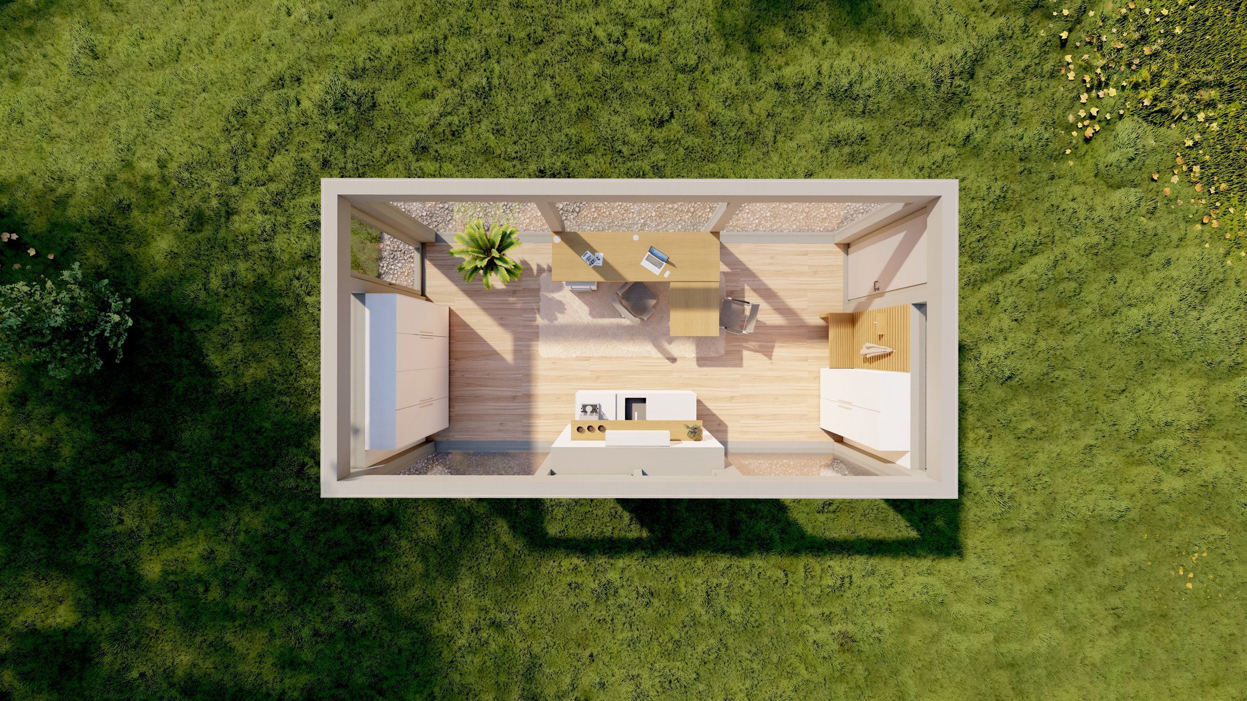 Moderne Gartenhaus-Architektur im Überblick Raumgestaltung im Gartenhaus mit Möbeln und Pflanzen