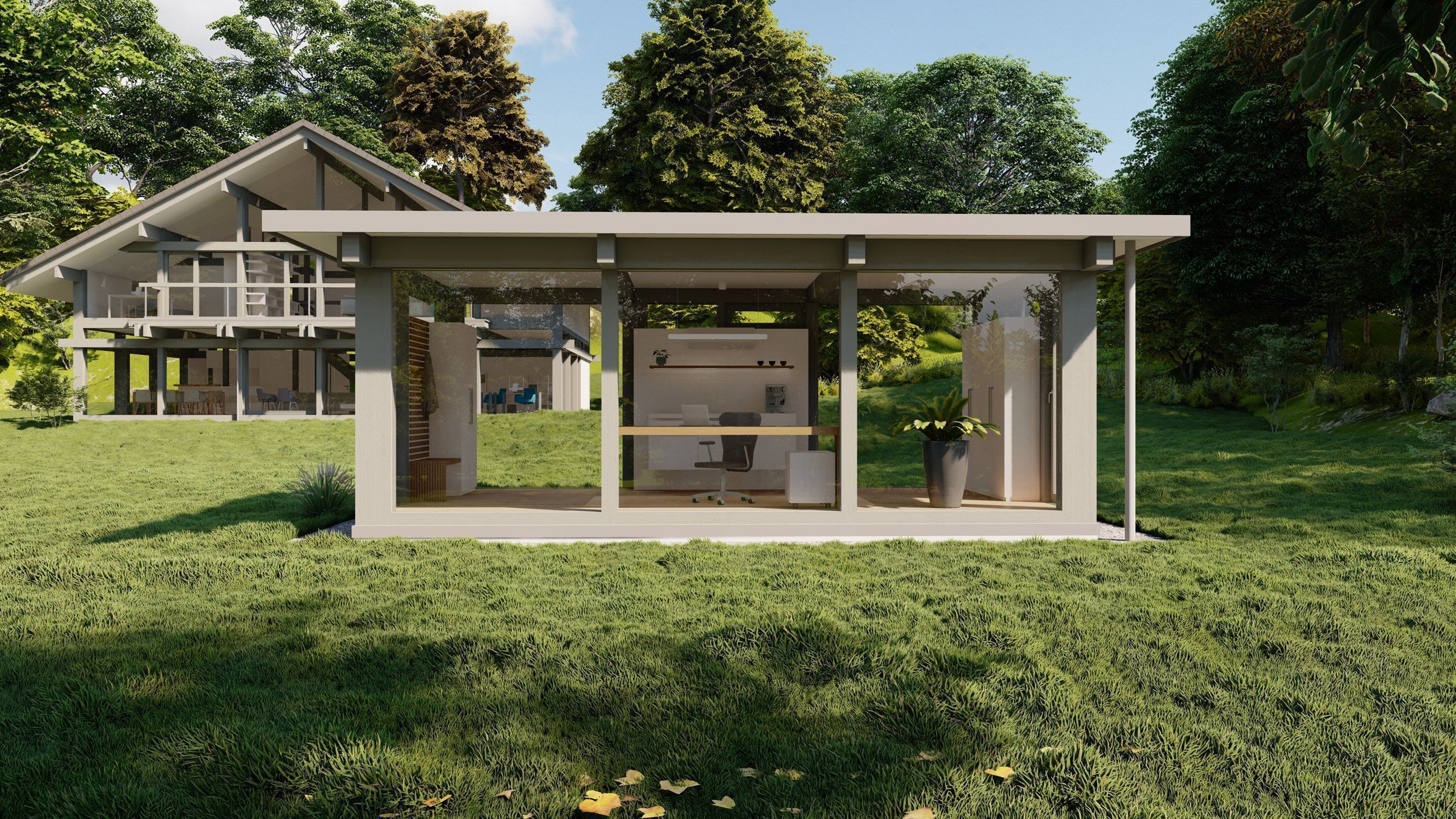 Moderne Gartenhausansicht mit umgebender Natur Ein modernes Gartenhaus in einer grünen Landschaft mit Bäumen.