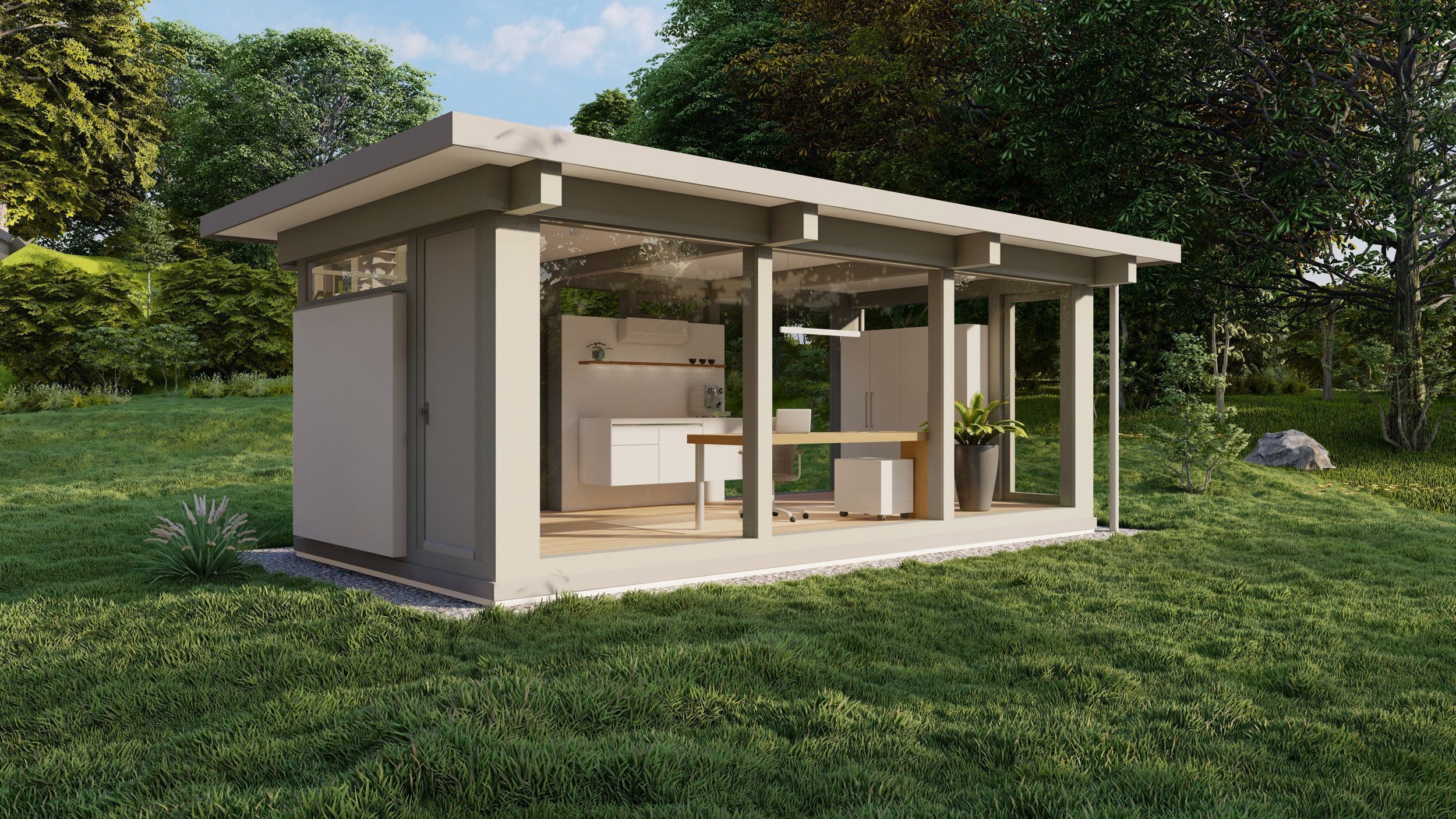 Moderne Gartenlaube mit großer Fensterfront Gartenlaube in der Natur mit offener Wohnküche und Pflanzen