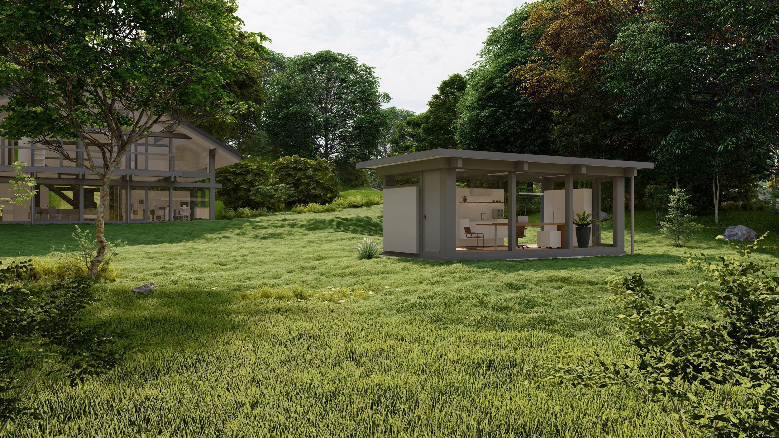 Moderne Architektur in der Natur mit Gartenlandschaft Einblick in moderne Bauweise umgeben von üppigem Grün und Bäumen
