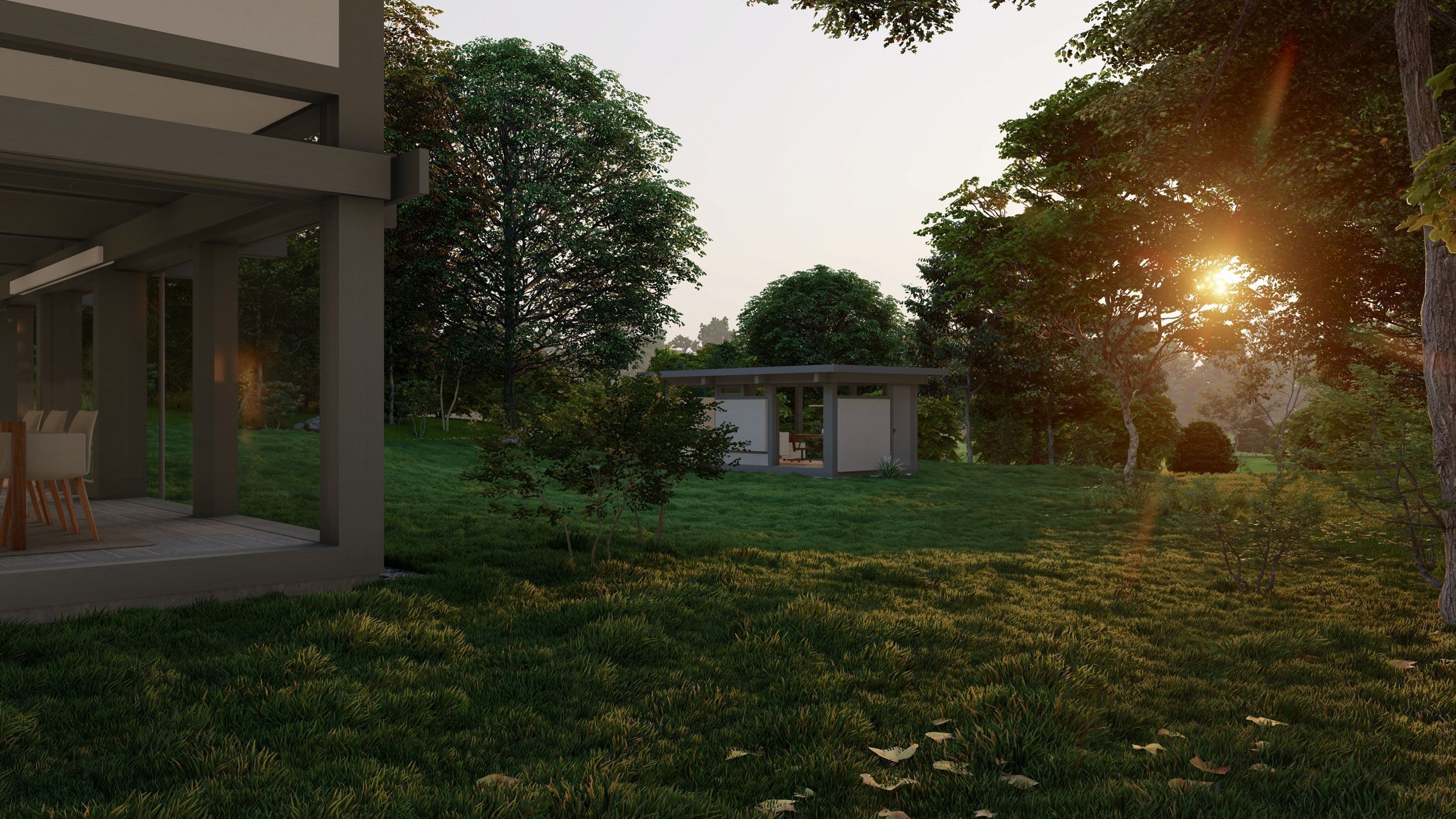 Moderne Architektur im Grünen bei Sonnenuntergang Ein elegantes Haus auf einer grünen Wiese mit Sonnenuntergang im Hintergrund