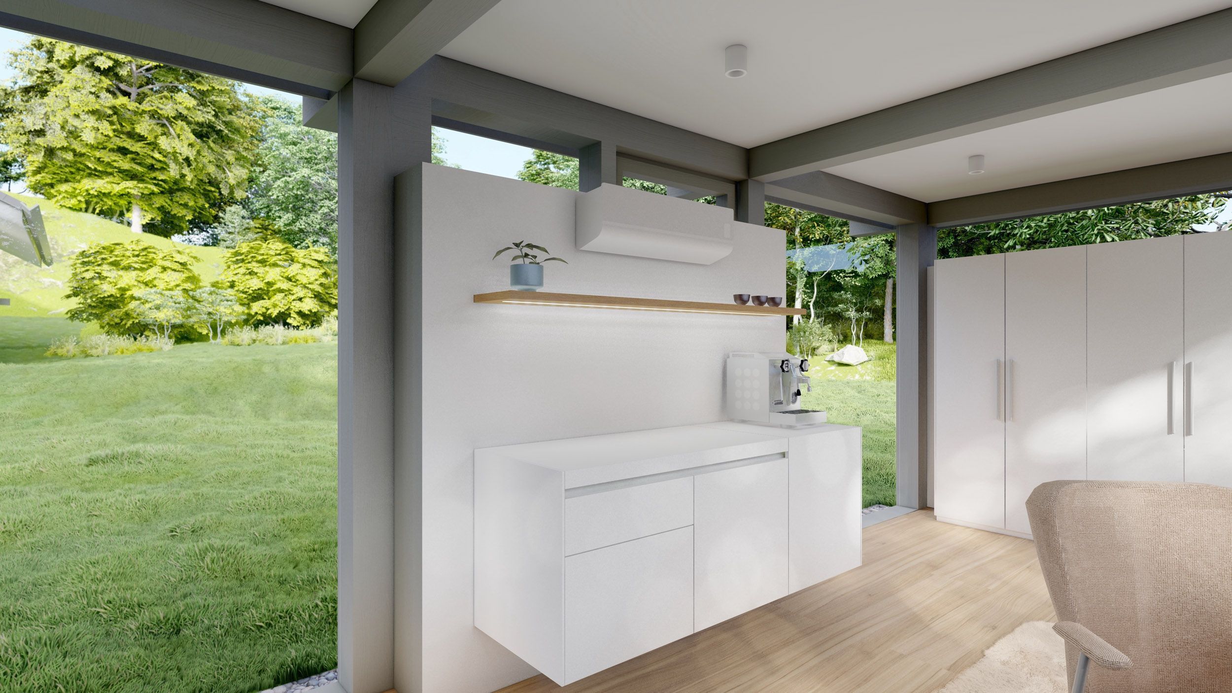 Moderne Küchenecke mit Blick ins Grüne Helle Kücheneinheit mit Holzfußboden und Gartenansicht