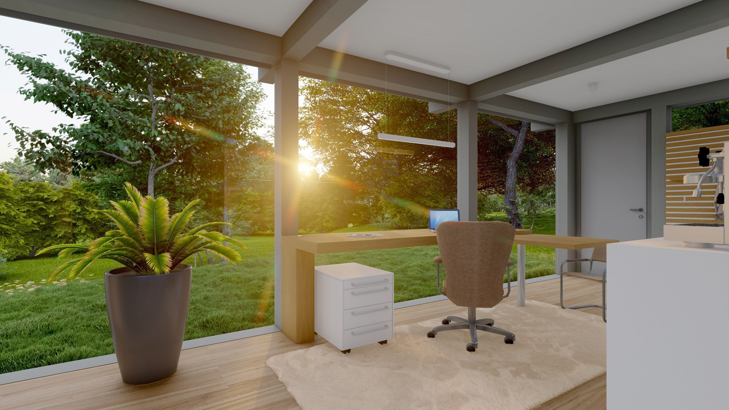 Moderne Büroeinrichtung mit Blick ins Grüne Helles Büro mit Schreibtisch und Gartenansicht bei Sonnenuntergang