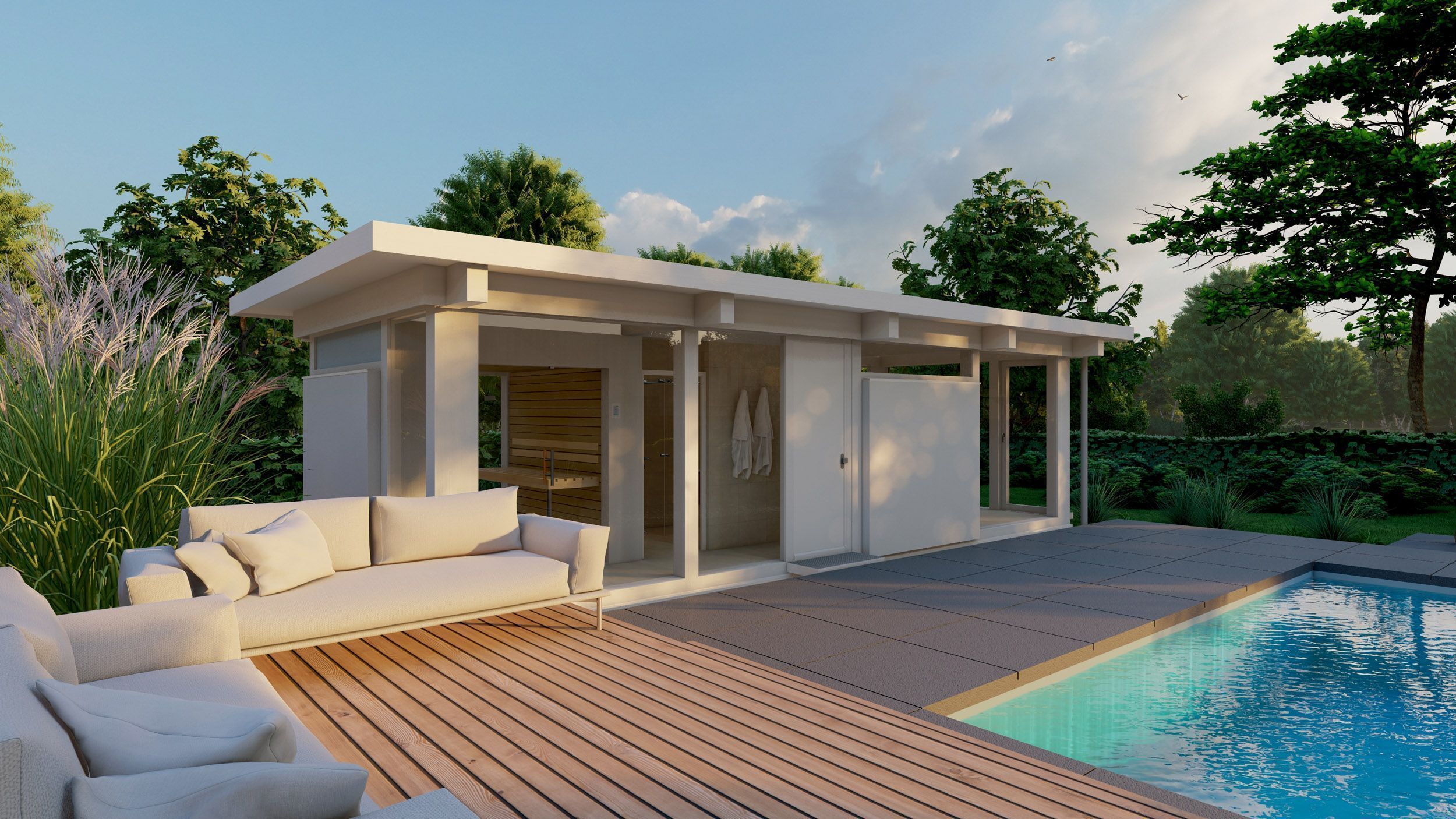 Modernes Poolhaus mit Lounge-Bereich Architektonisches Design eines Poolhauses mit Terrasse und Garten