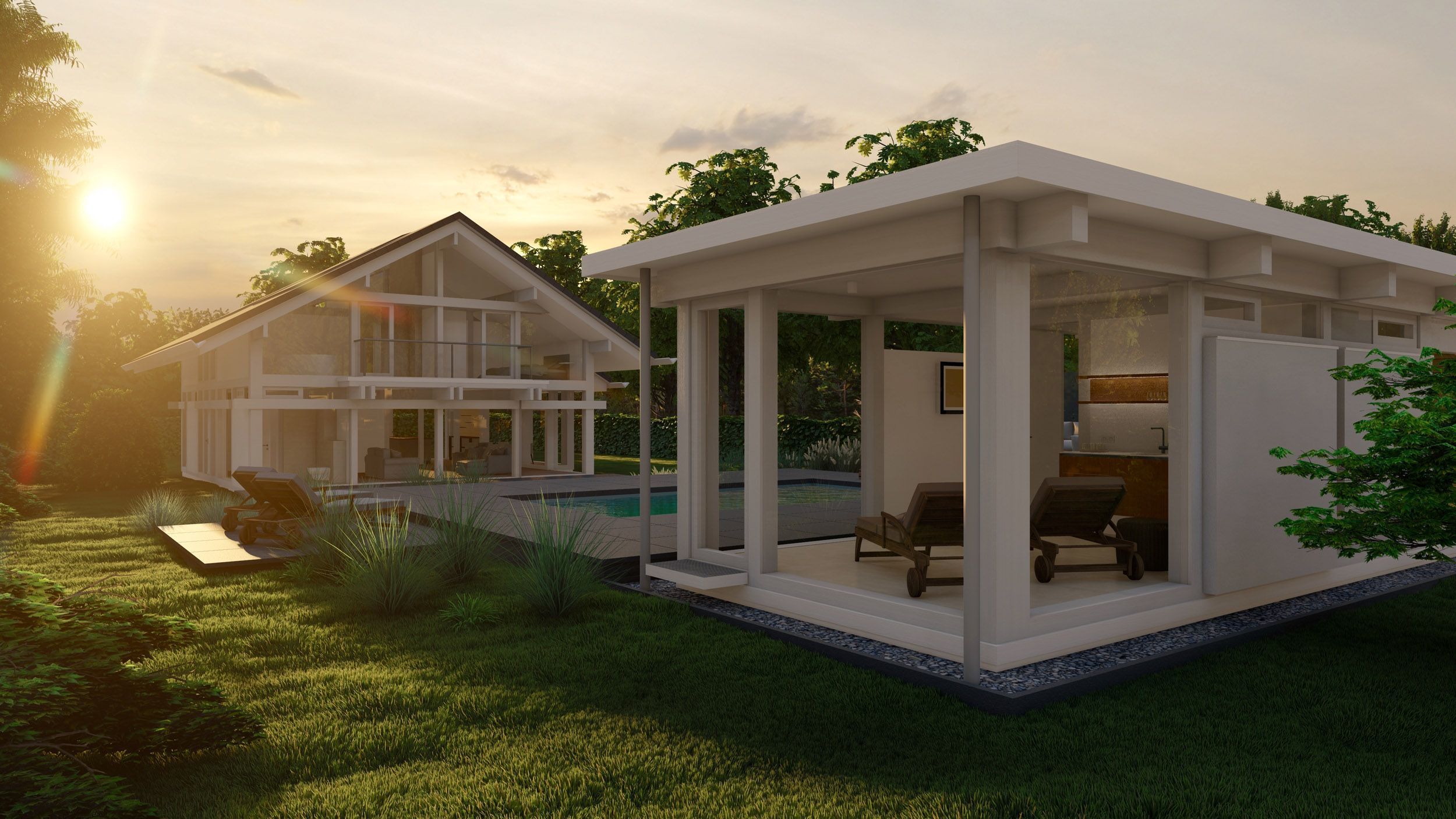 Moderne Architektur im Freien mit Wasser und Grünflächen Schöne Architektur mit Pool und großzügigen Fensterflächen in der Natur
