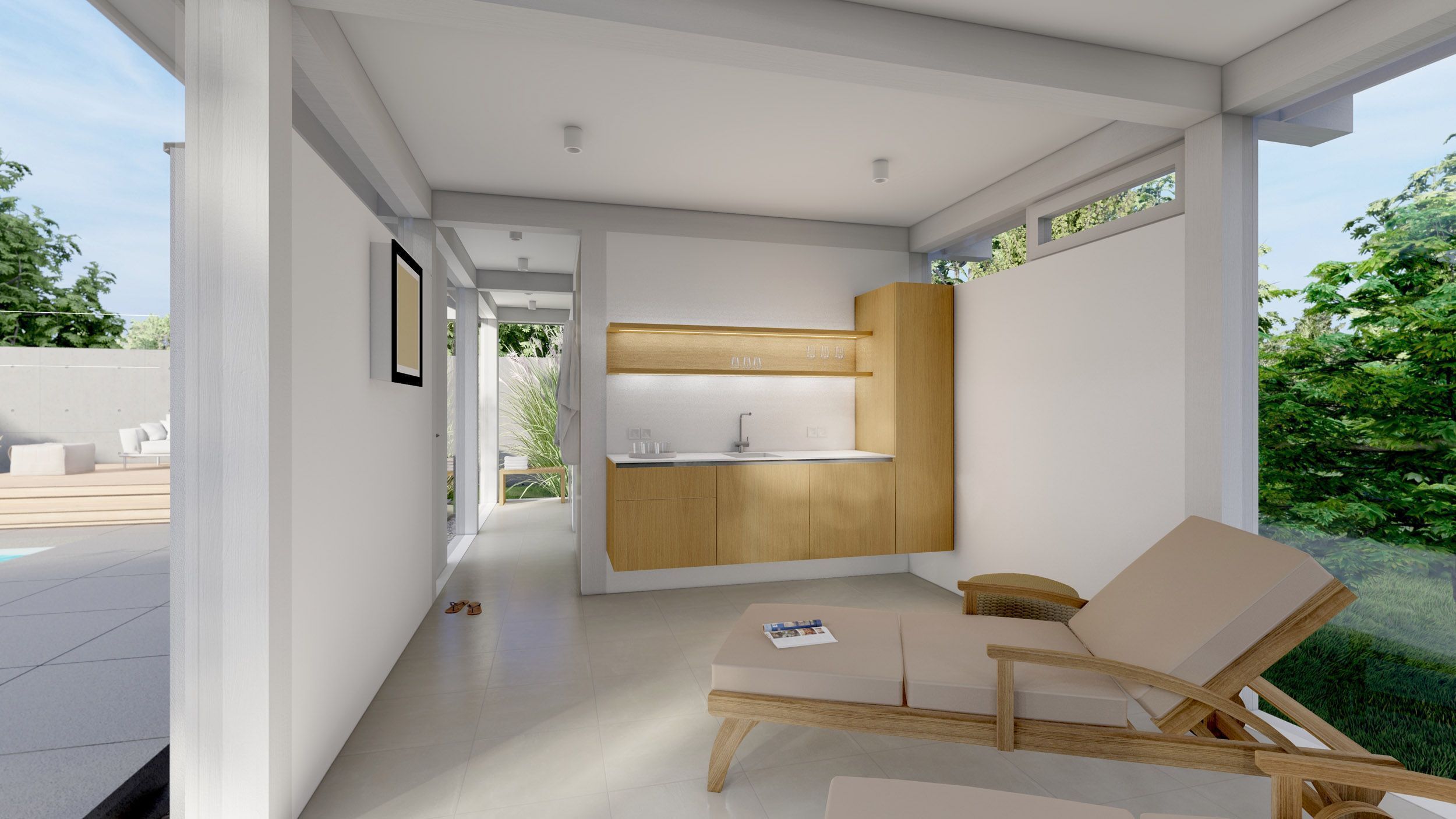 Moderne Innenansicht eines Wohnraums mit Küchenzeile Heller Wohnraum mit Lounge-Stuhl und Kochbereich
