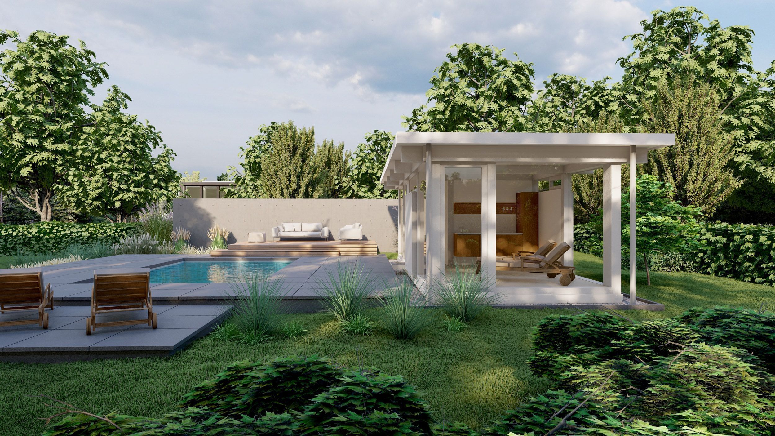 Moderne Gartenlandschaft mit Pool und Lounge-Bereich Entspannende Außenansicht mit Pool und modernem Pavillon im Garten