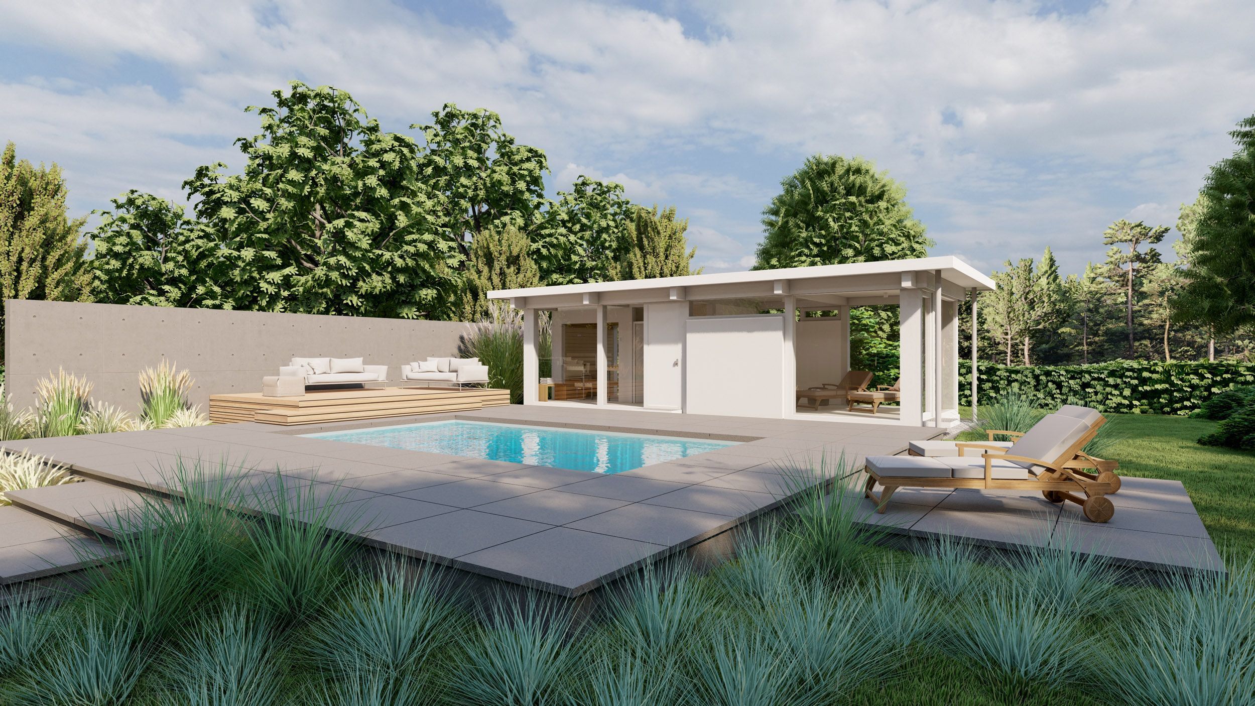 Moderne Gartenlandschaft mit Pool und Lounge-Bereich Ein stilvolles Garten-Design mit Pool und entspannenden Liegen