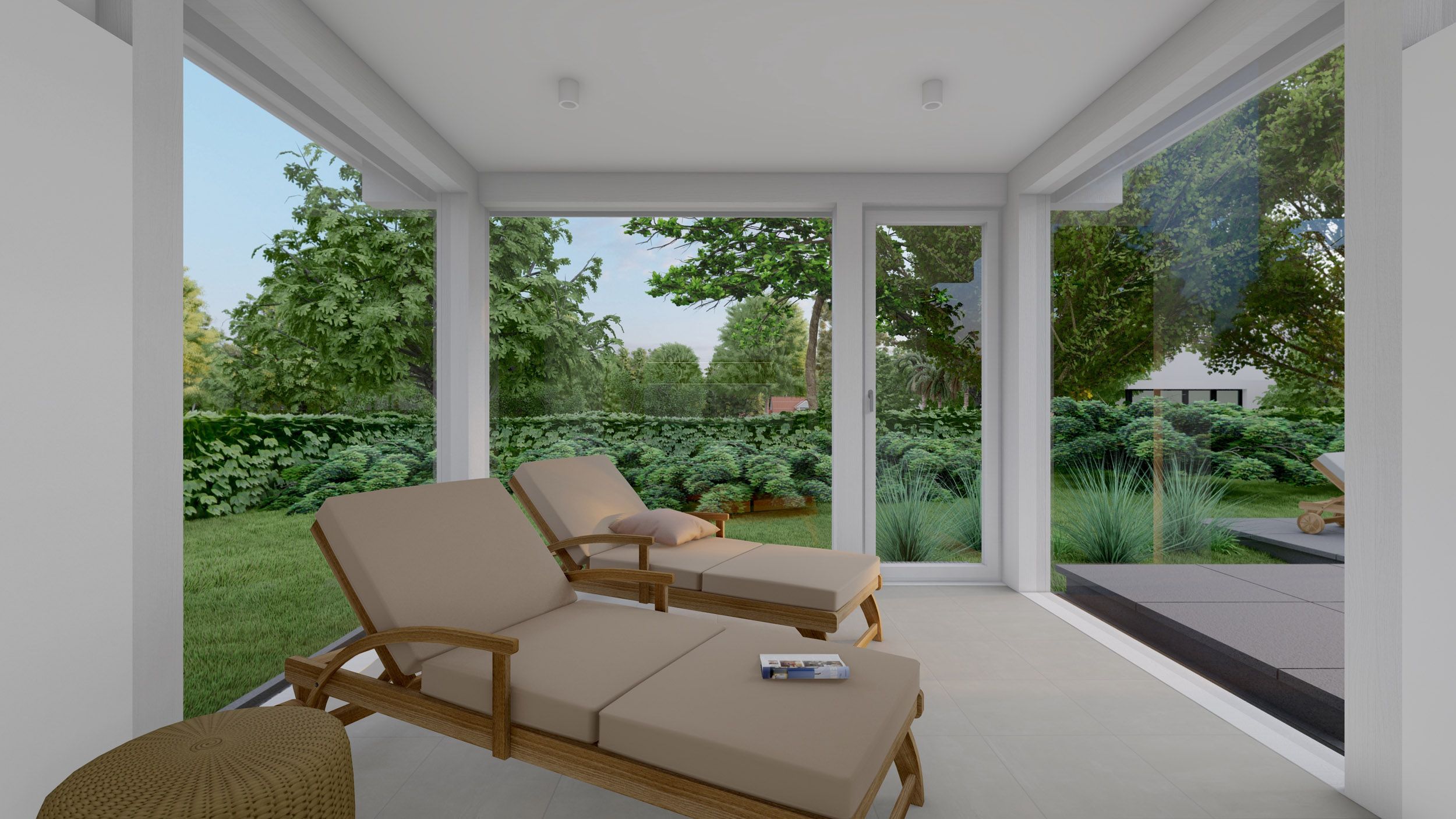 Moderne Lounge mit Gartenblick Entspannte Sitzgelegenheiten mit Ausblick auf den grünen Garten