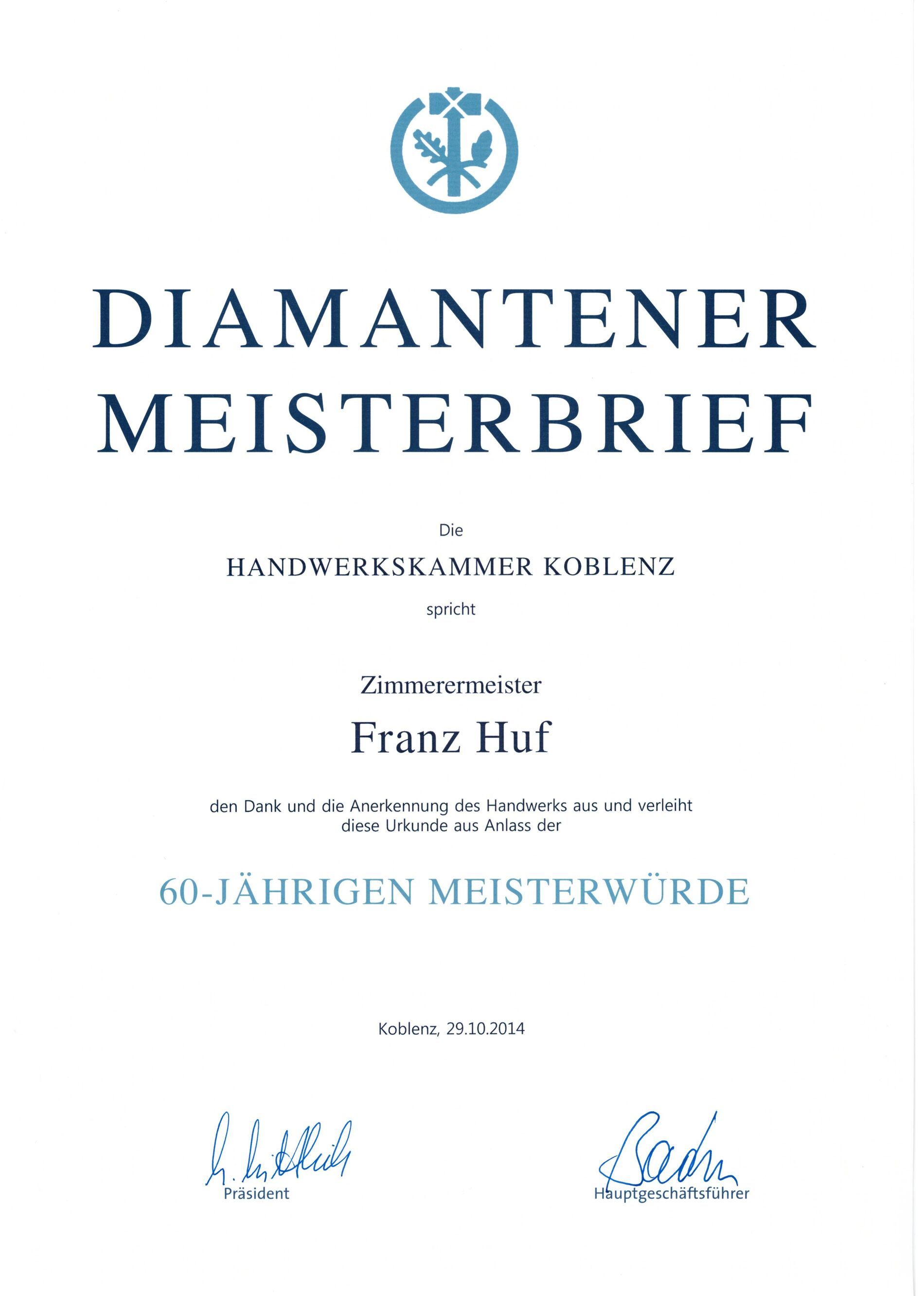 Diamantener Meisterbrief von Franz Huf Urkunde der Handwerkskammer Koblenz für 60 Jahre Meisterwürde