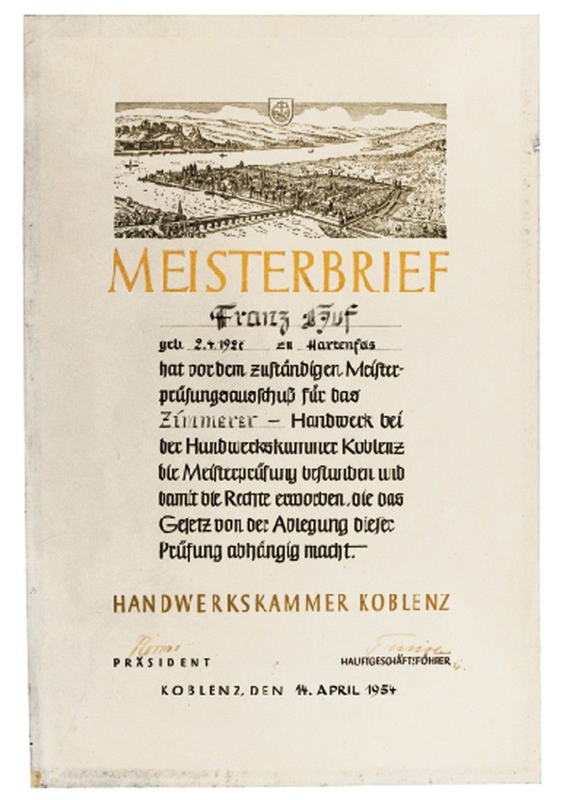 Meisterbrief Franz Pfeiffer, 1954 Meisterbrief für Franz Pfeiffer, ausgestellt von Handwerkskammer Koblenz