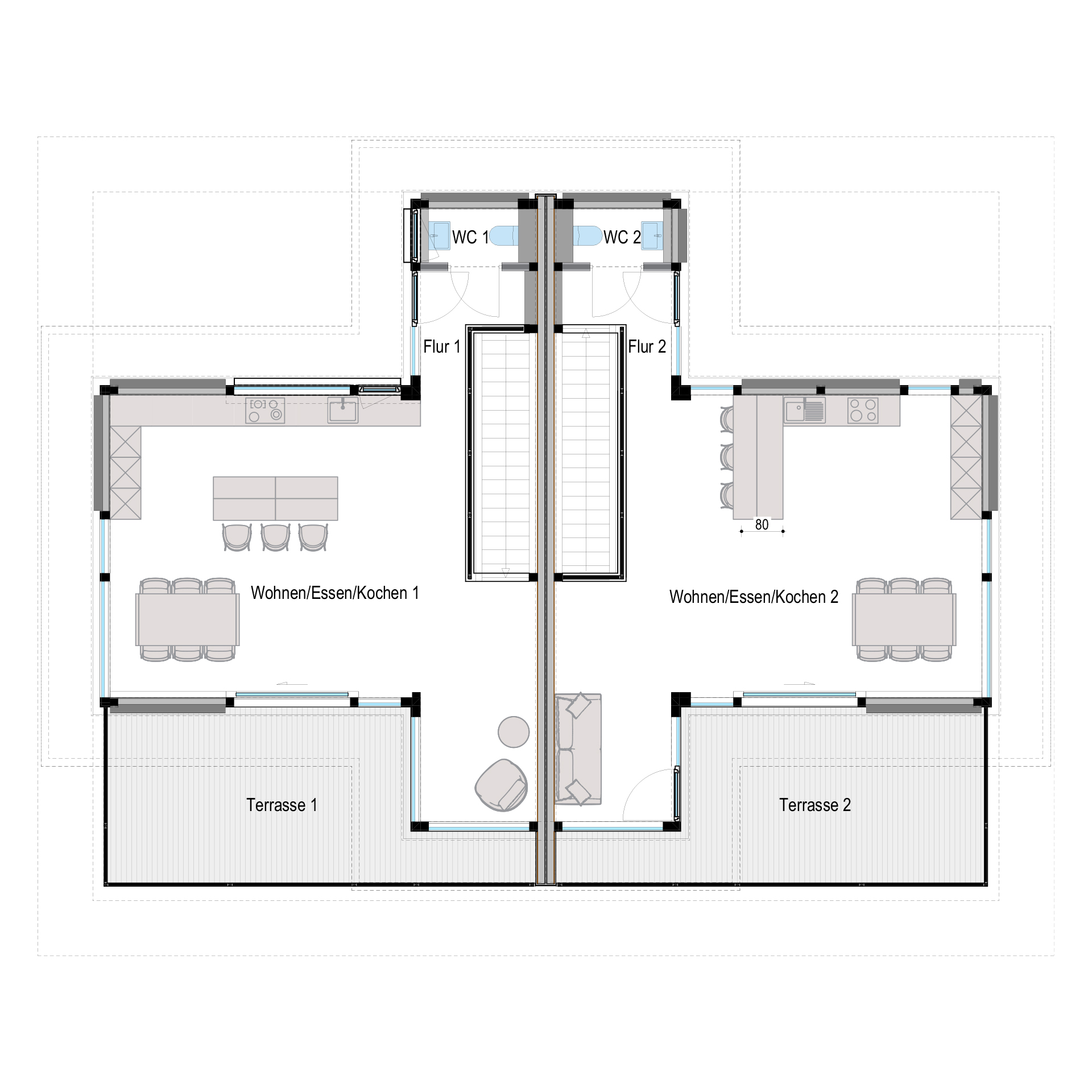 Layout eines Mehrfamilienhauses mit zwei Wohneinheiten und Terrassen