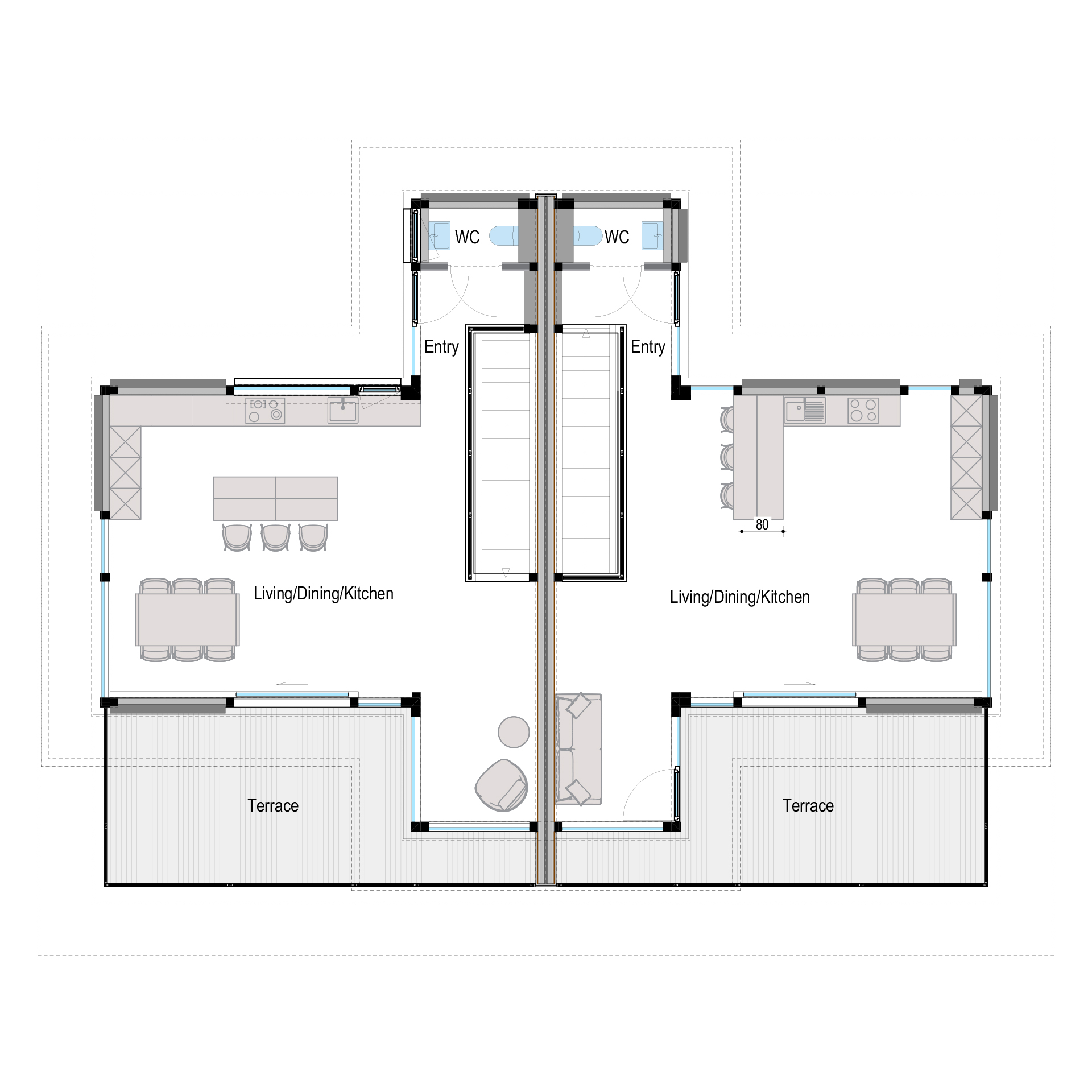 Grundriss eines Mehrfamilienhauses HUF Architektonischer Plan eines Mehrfamilienhauses mit Wohnbereichen