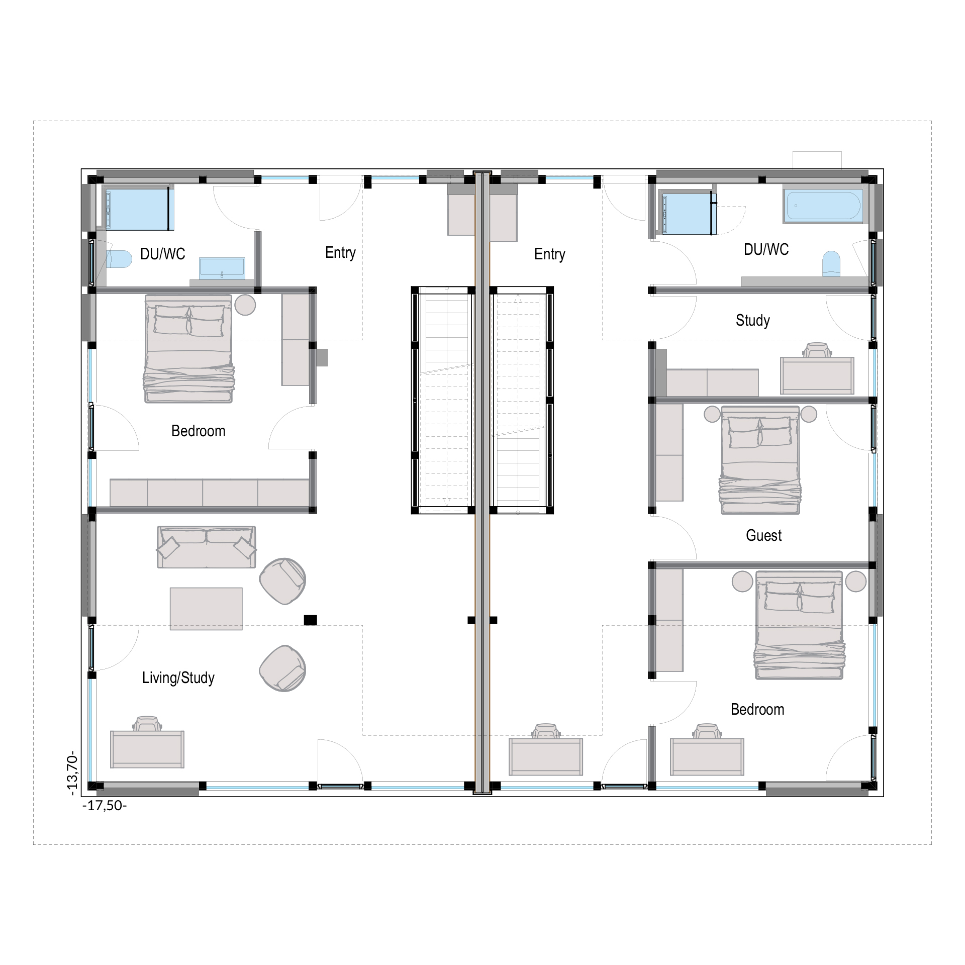 Grundriss eines Mehrfamilienhauses HUF Detailierter Grundriss mit Schlafzimmern, Wohnbereich und Büro