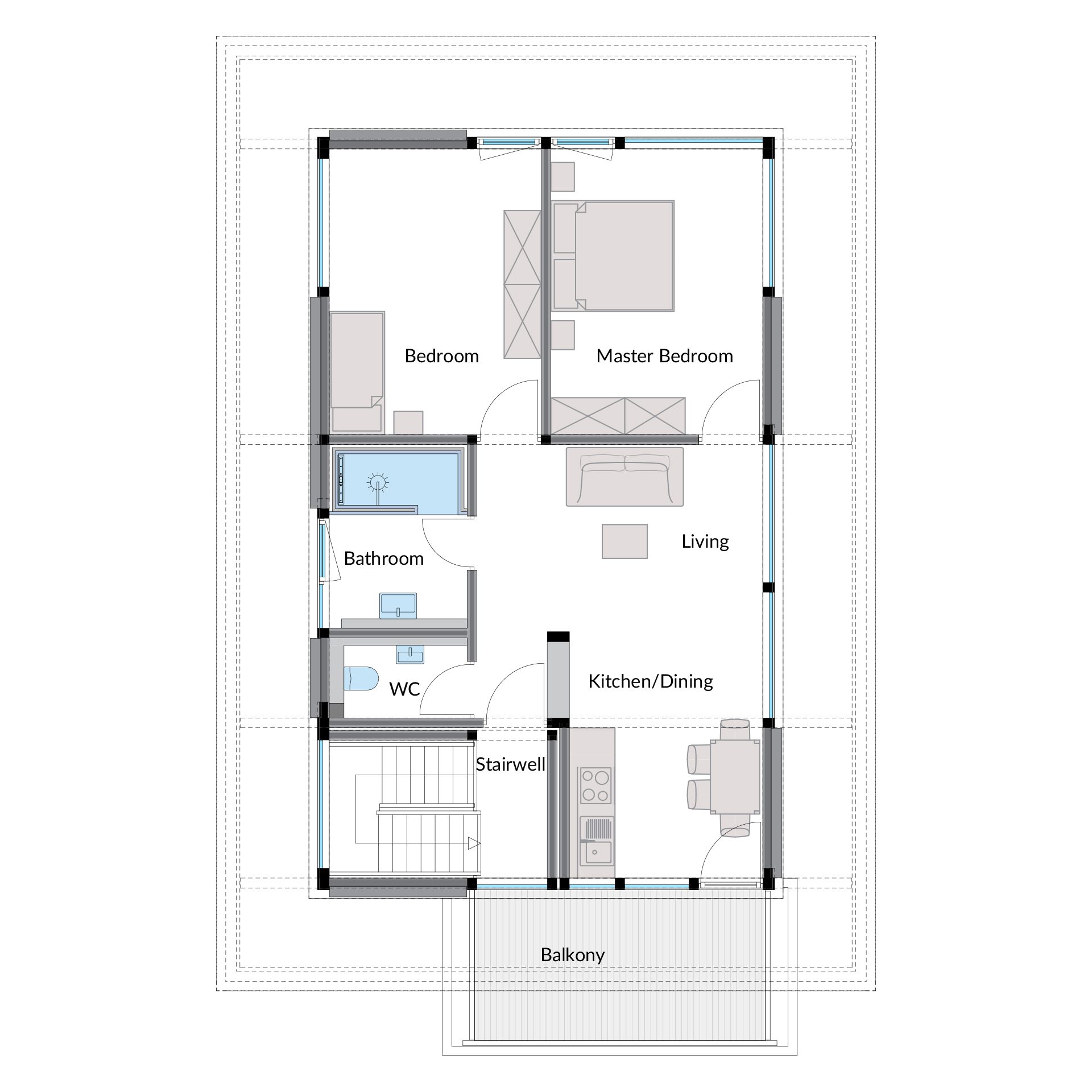 Visualisierung eines Mehrfamilienhauses HUF Grundriss eines Mehrfamilienhauses mit Wohn- und Schlafzimmern, Küche und Balkon