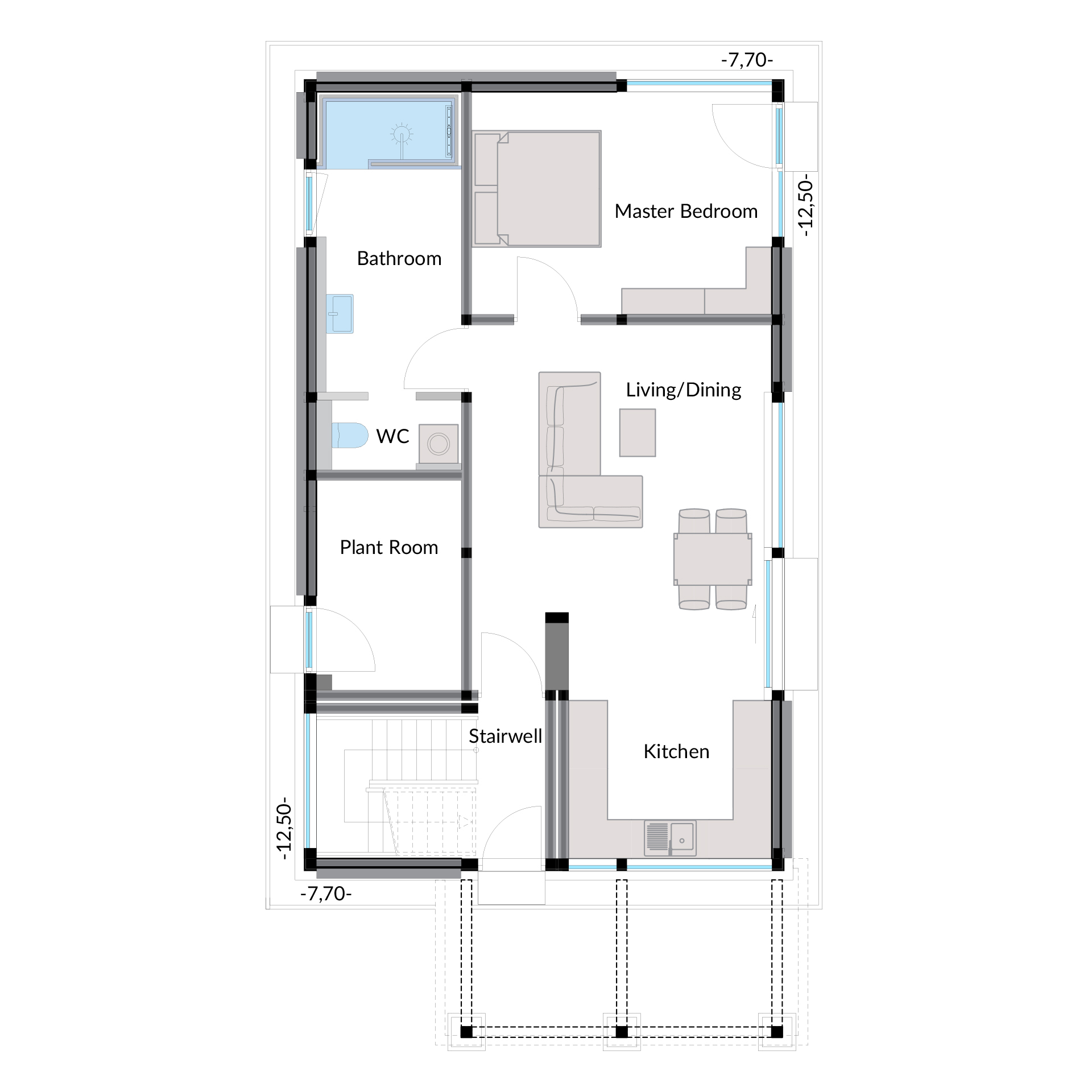 Grundriss eines Mehrfamilienhauses von HUF Visualisierung des Innenlayouts eines Mehrfamilienhauses mit Zimmern und Funktionen
