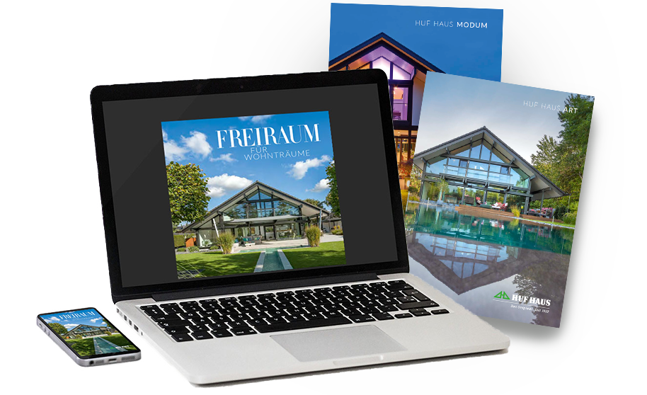 Broschürenteaser für HUF HAUS Modelle Laptop und Smartphone zeigen HUF HAUS Broschüren für Wohnträume