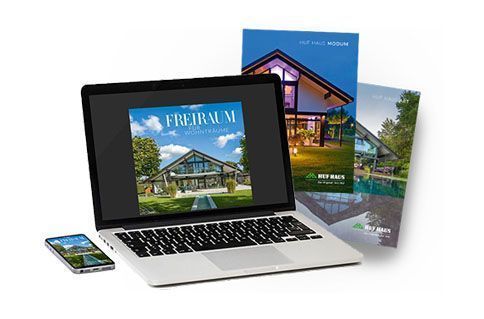 Broschürenteaser für Wohnraumgestaltung Laptop und mobile Geräte mit Broschüren zum Wohnraumdesign