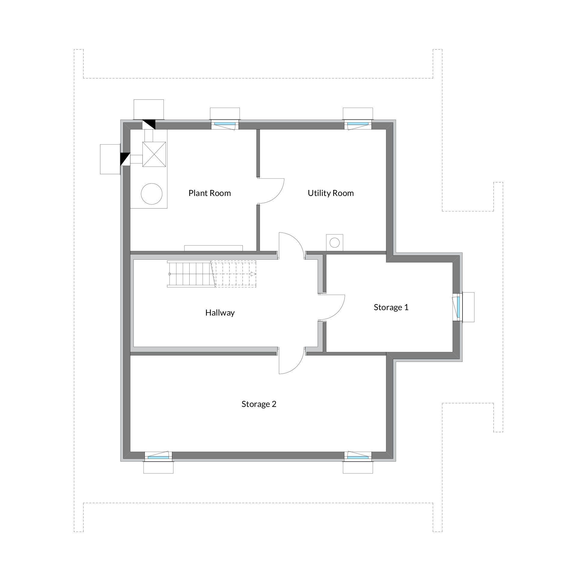 Floor plan of a utility and storage layout Detailed layout showing rooms including plant, utility, and storage areas