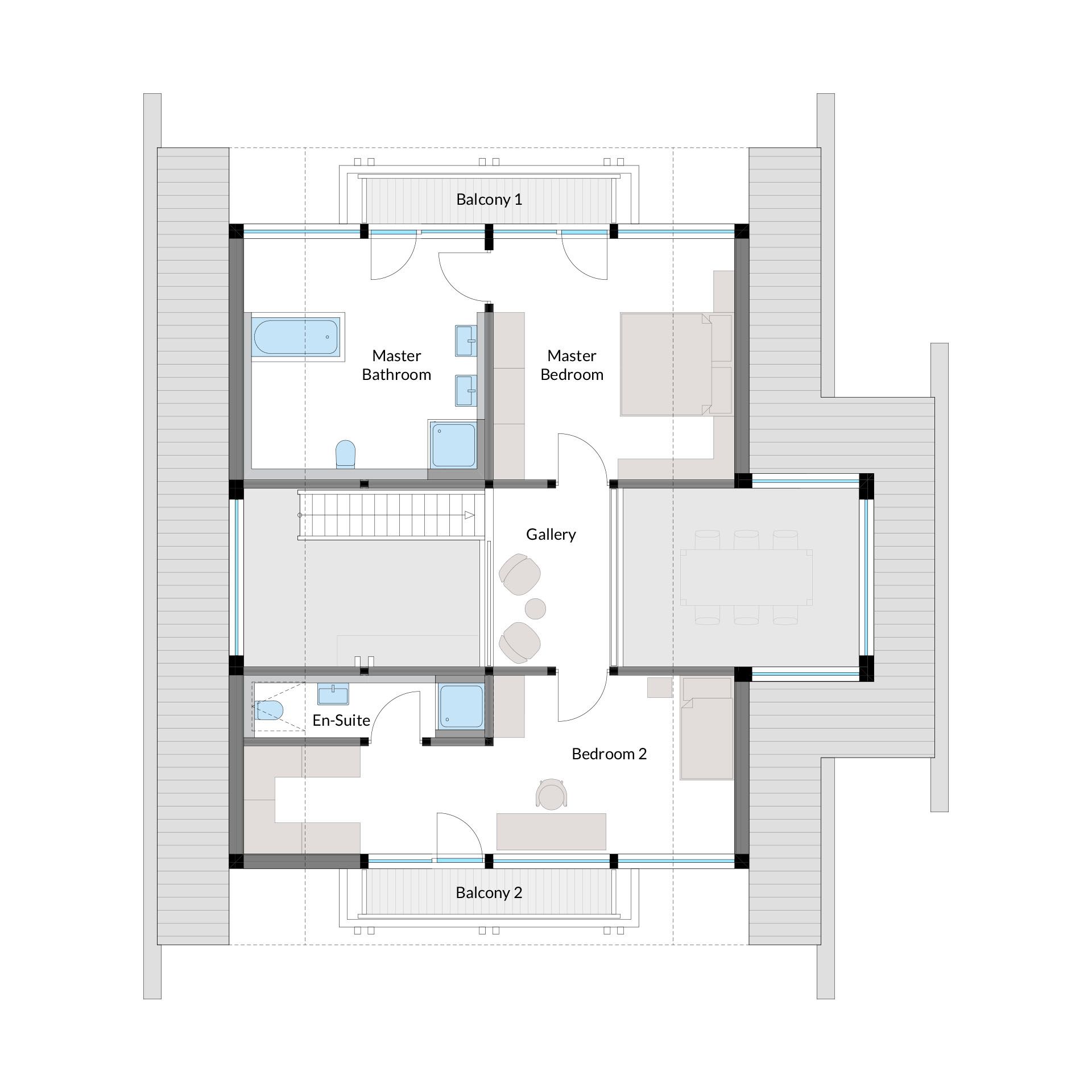 Hausgrundriss mit Schlafzimmer und Badezimmer Detailierter Grundriss eines Hauses mit Balkonen und Räumen