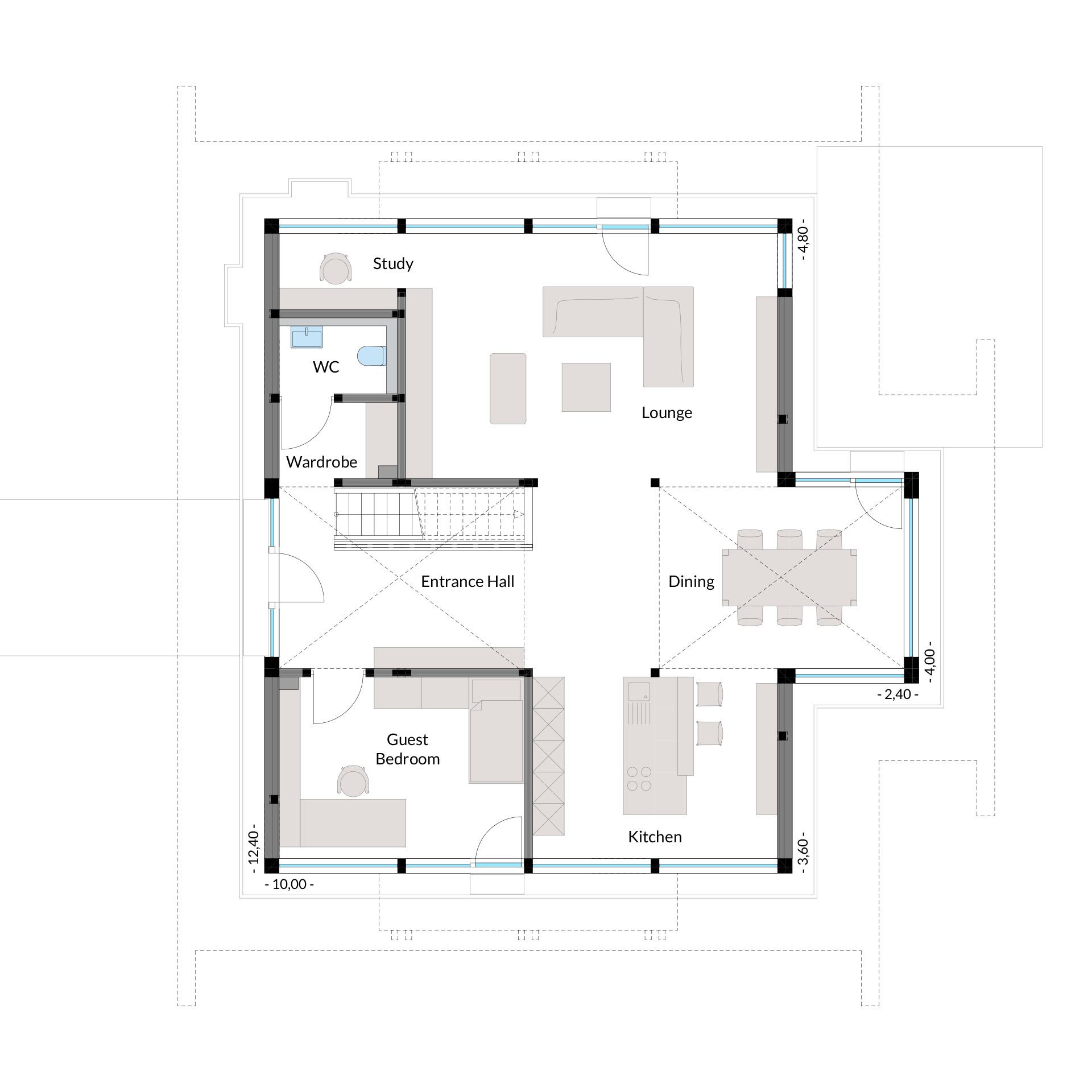 Grundriss eines Wohnhauses Layout mit verschiedenen Räumen wie Lounge, Küche und Schlafzimmer