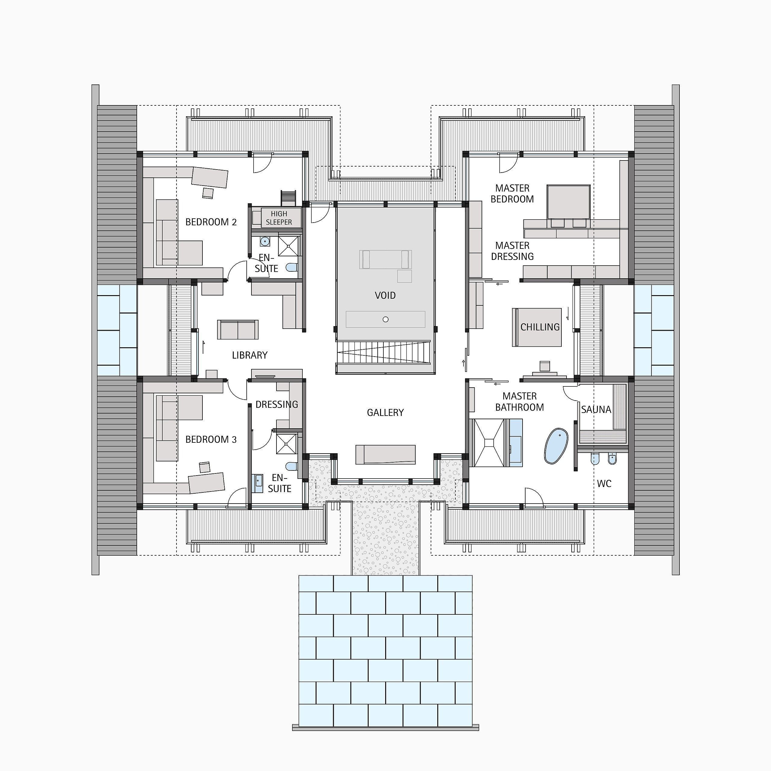 Grundriss eines modernen Hauses Detailierter Plan mit Schlafzimmern, Wohnzimmer und Sauna